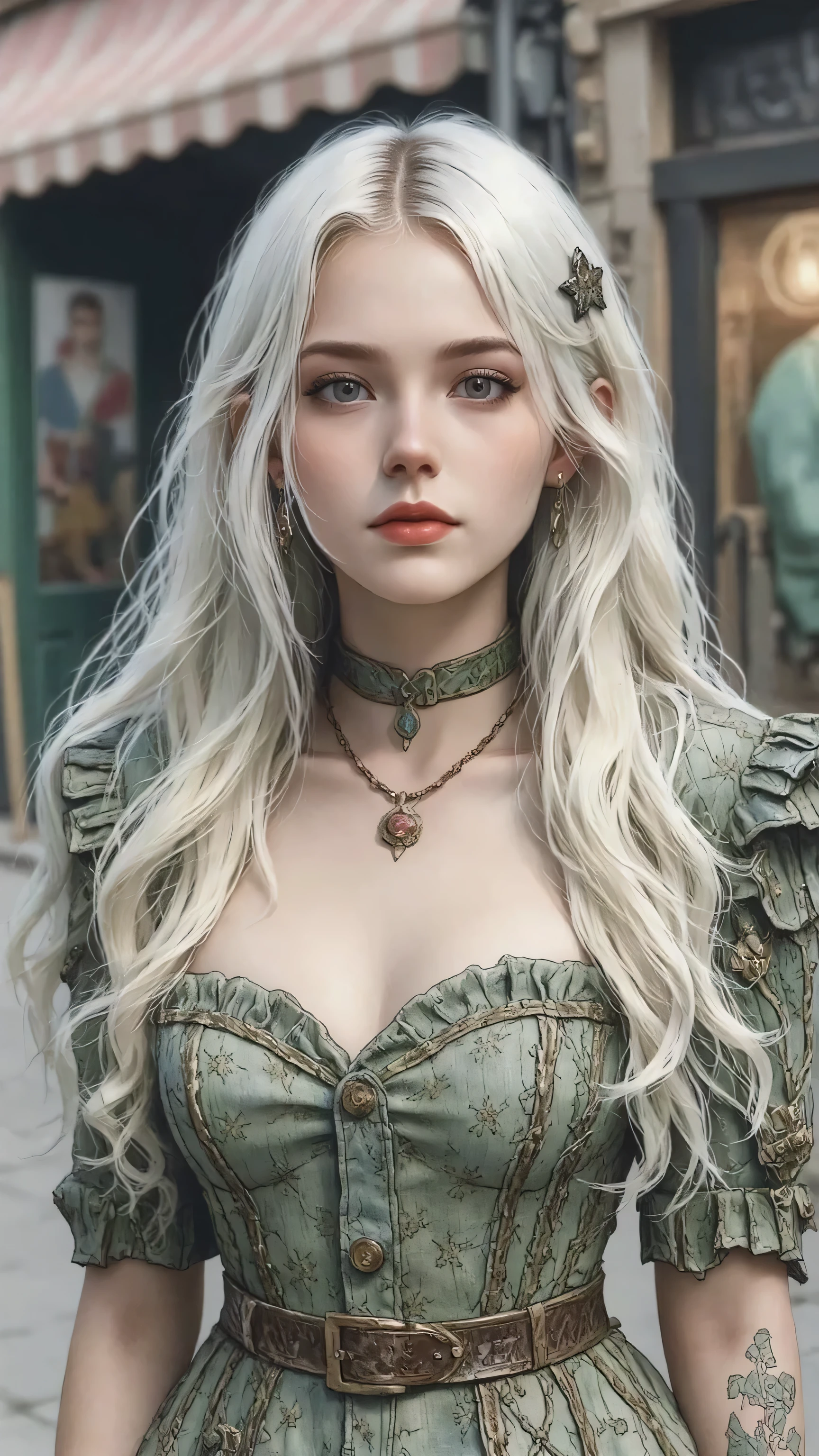 (Masterpiece:1.2, Best quality), (real photo, Intricate details), (1lady, solo, Upper body, small breast) ,all body,clothes:advance guard,advance guard,Experiment with appearance:White hair, long white hair, forehead showing, quiet, puzzled face, kind smile, green clothes, Gentle feeling,Dramatic makeup,Unconventional fashion choice behavior:rebel、Not conformist、Provocation location:Urban Arts District、Underground music venues Hobbies:Take part in a punk show、Create mixed media art、Try different subcultural values:personality、authentic、Creative expression of inspiration:Punk rock music、Counterculture icons,Avant-garde art movement character traits:daring、daring、act outside the box。