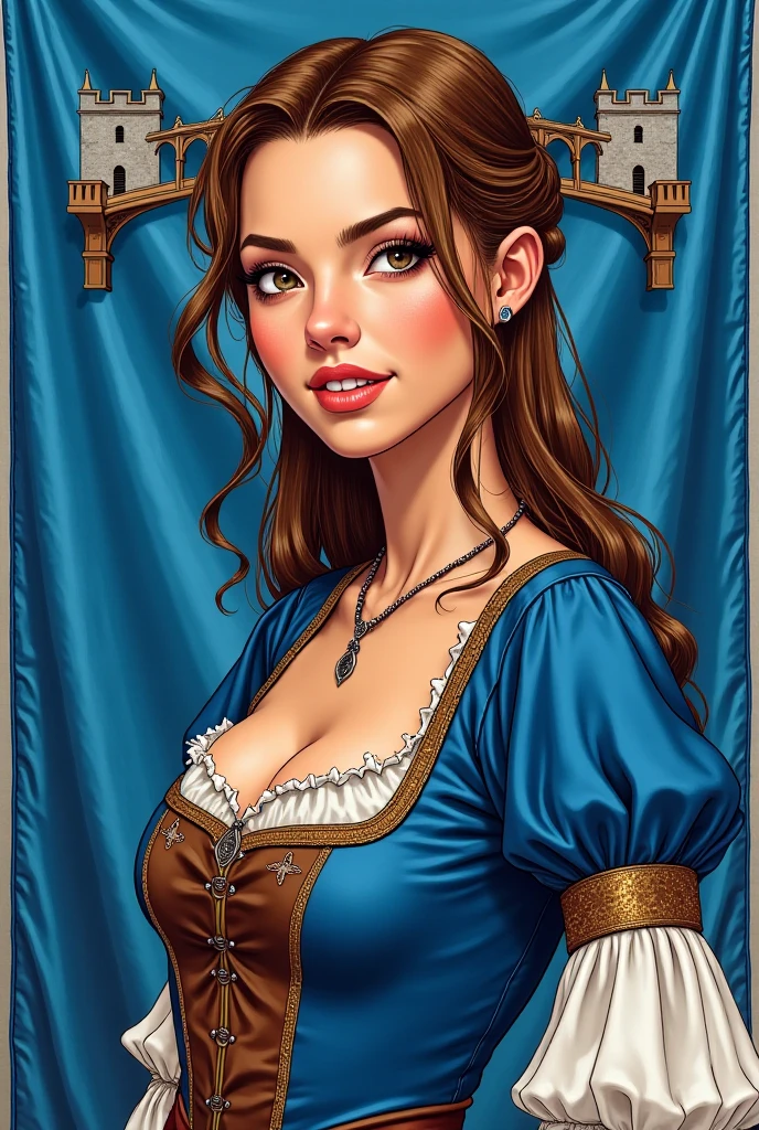 An illustrated movie poster, hand-drawn, full color, a young elven woman, elf, wearing a lace corset and knickers, warm brown complexion, pointy elf ears, amber eyes, dark hair, long loose waves, waist-length hair, posing on a sofa, hard shadows, graphite shading, stencil marks, airbrushed acrylic paint, masterpiece, in the style of Game of Thrones