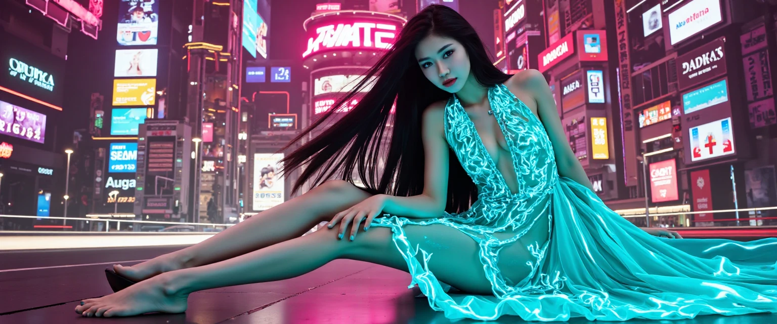 Cinematic movie poster of (nude gorgeous Chinese|Filipina woman), long hair, in sci-fi cyberpunk alley, standing, thighs, blue pink orange green lighting, best quality, hair light, studio lighting 