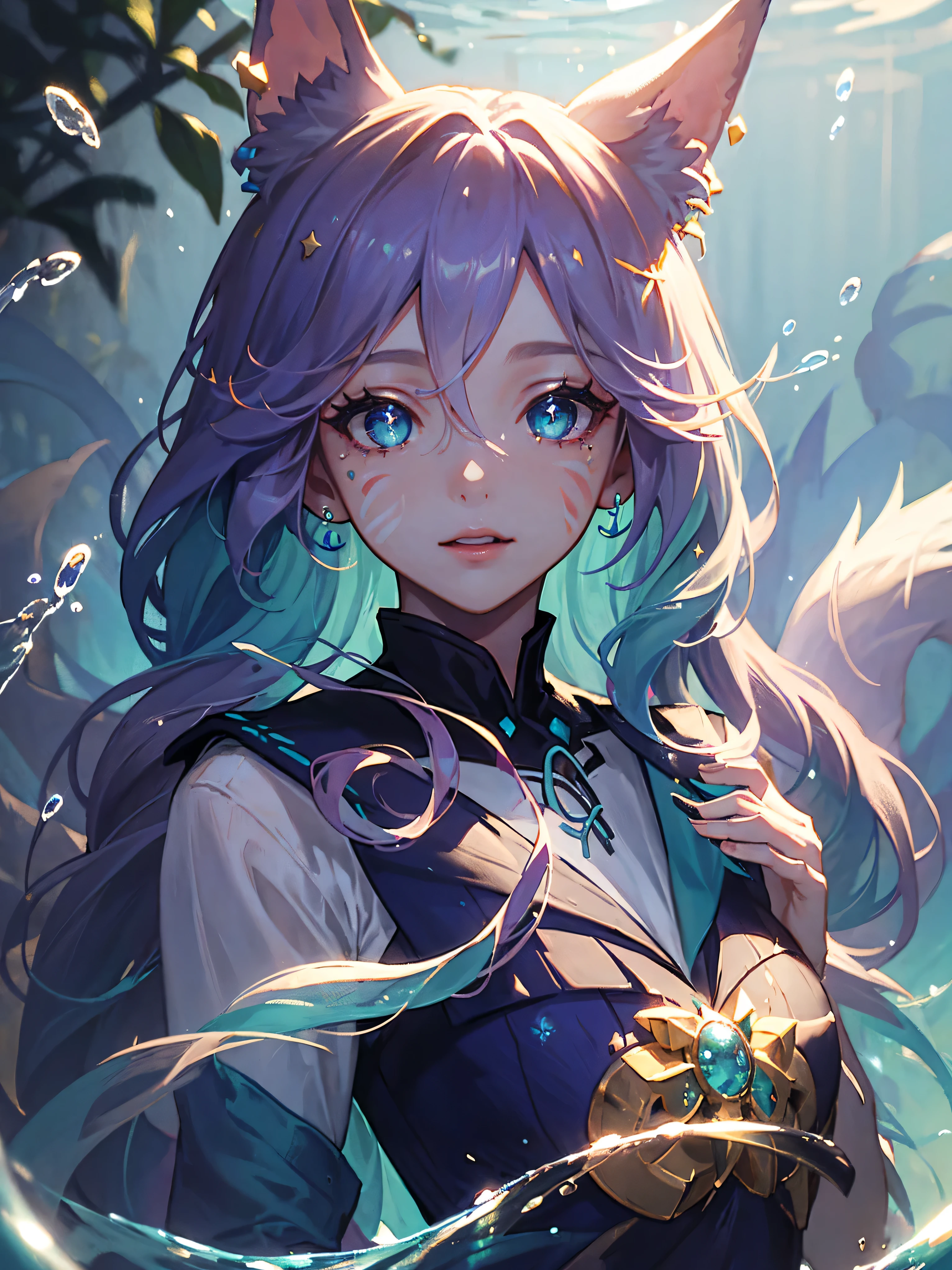 masterpiece, best quality, high quality, high definition, high quality texture, high quality shadow, high detail, beautiful detailed, fine detailed, extremely detailed cg, detailed texture, a realistic representation of the face, realistic, colorful, delicate, cinematic light, side light, Lens Flare, Ray Tracing, (fox ears:1.5), (multiple ethereal water fox tails:1.5), portrait of Stolas in space, cosmic colors, epic watercolor style, looking at viewer, solo, close up, portrait, (sailor uniform:1.5), (face paint), (constellations:1.5), (submerged, underwater, droplets:1.5), 4k, 8k, highres, ultra-detailed, photorealistic, photo-realistic, HDR, UHD, studio lighting, ultra-fine painting, sharp focus, physically-based rendering, extreme detail description, professional, vivid colors, bokeh, space, nebula, stars, celestial, ethereal, mystical, magical realism, dreamlike, soft focus, glowing, luminous, portrait, fantasy, dramatic lighting, accurate anatomy, perfect body, slim fit, intricate details, a detailed, beautiful woman, extremely detailed eyes and face, beautiful detailed lips, long eyelashes, solo, 1girl, beautiful detailed eyes, beautiful detailed lips, extremely detailed eyes and face, long eyelashes, (multicolored gradient purple hair:1.5), (very long hair:1.5), (sparkles:1.5), (twintails hair:1.5), (hair between eyes), (hair over one eye:1.2), (stars in eyes:1.5), (floating hair:1.3), (heterochromia), (mesmerising blue eyes), red lips, sharp eyelashes, earrings, jewelry, glossy skin, BREAK, glitch art, digital distortion, pixelated fragments, data corruption, colorful noise, visual chaos, contemporary aesthetics BREAK , enamel art, glass-like surface, vibrant colors, glossy finish, reflective textures, rich pigments, fluid forms BREAK, ethnic style,vibrant patterns, handmade textiles, cultural motifs, beaded jewelry, artisanal accessories