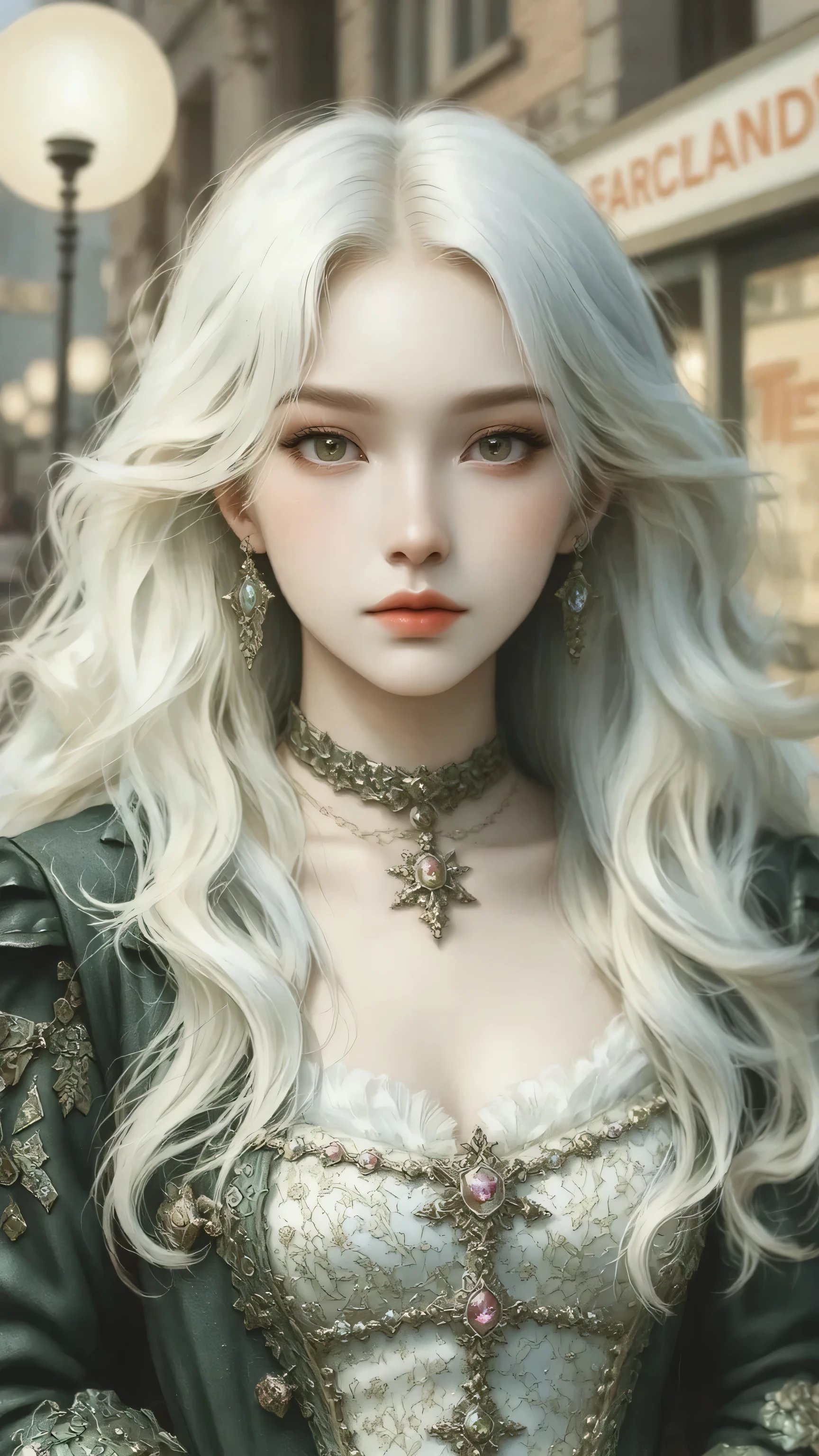 (Masterpiece:1.2, Best quality), (real photo, Intricate details), (1lady, solo, Upper body, small breast) ,all body,clothes:advance guard,advance guard,Experiment with appearance:White hair, long white hair, forehead showing, quiet, puzzled face, kind smile, green clothes, Gentle feeling,Dramatic makeup,Unconventional fashion choice behavior:rebel、Not conformist、Provocation location:Urban Arts District、Underground music venues Hobbies:Take part in a punk show、Create mixed media art、Try different subcultural values:personality、authentic、Creative expression of inspiration:Punk rock music、Counterculture icons,Avant-garde art movement character traits:daring、daring、act outside the box。