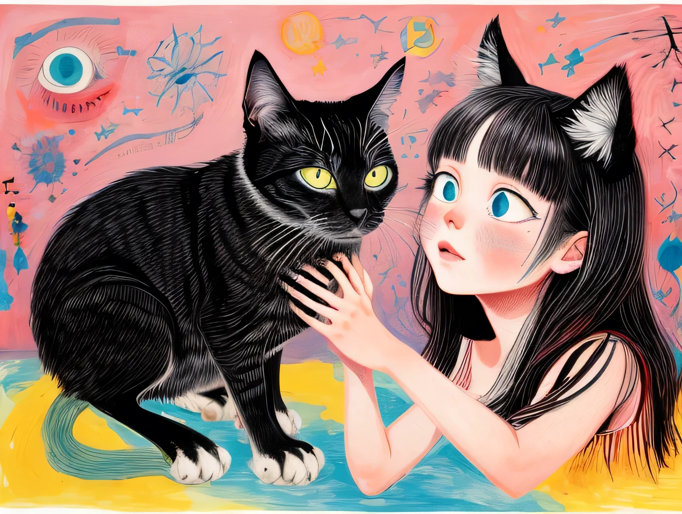 girl holding a cat 、 beautiful eyes、 rubs her cheek on her cat 、The ultimate masterpiece ,Deep love and trust 、 best quality , Surrealism ,Abstract,DOODLE ART, Accurate Description 、