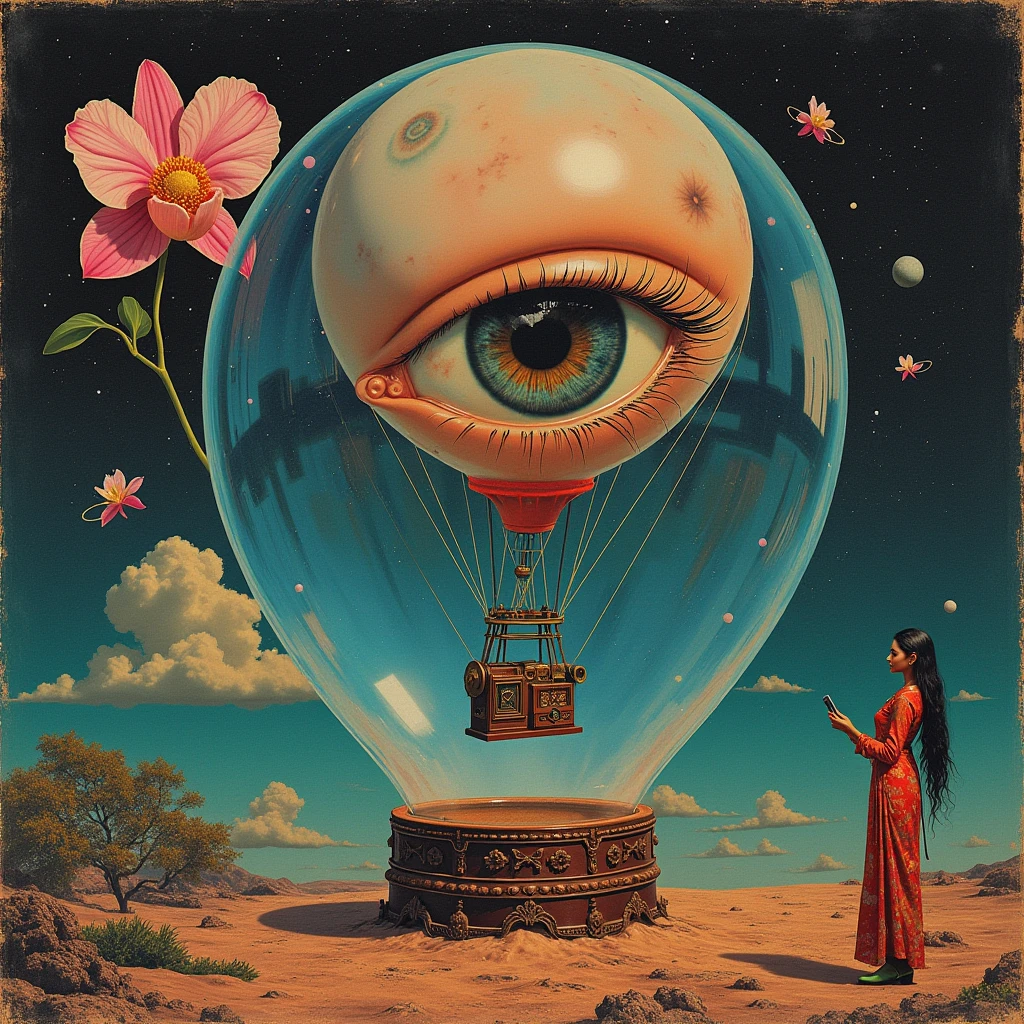 artistic album cover for a dream pop band, collage, blend images like an orchid, a beautiful nebulae inside a crystal ball, a hot balloon with an eye carrying an early cinematograph camera, outline of an indian harmonium, add surrealistic elements, the foot of a green skin female alien, a rajasthani dark skin woman dressed like a geisha