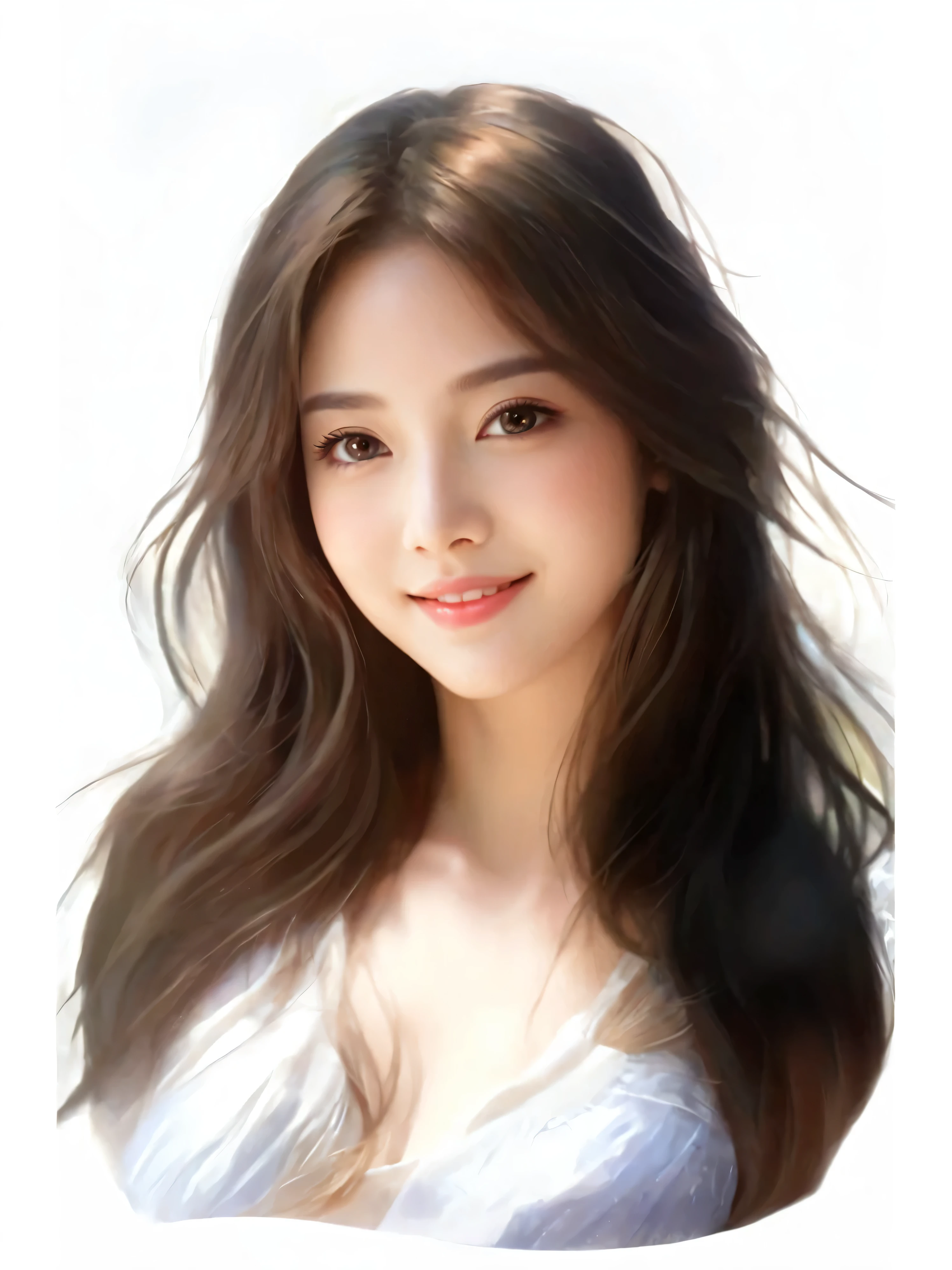 Japanese calligraph with a gentle smile 、 close-up of a woman with long hair and white dress,  beautiful digital painting,   Beautiful Digital Painting ,  beautiful Japanese woman lying down in the sea, glossy digital painting,   beautiful young Japanese woman wearing plain clothes,  portrait of a Japanese female idol, [   4K Digital Art   ]!!,  soft digital painting,  breathtaking digital painting with a picture of a woman in a white shirt, photoRealistic beautiful face, Realistic beautiful face, Realistic digital painting 