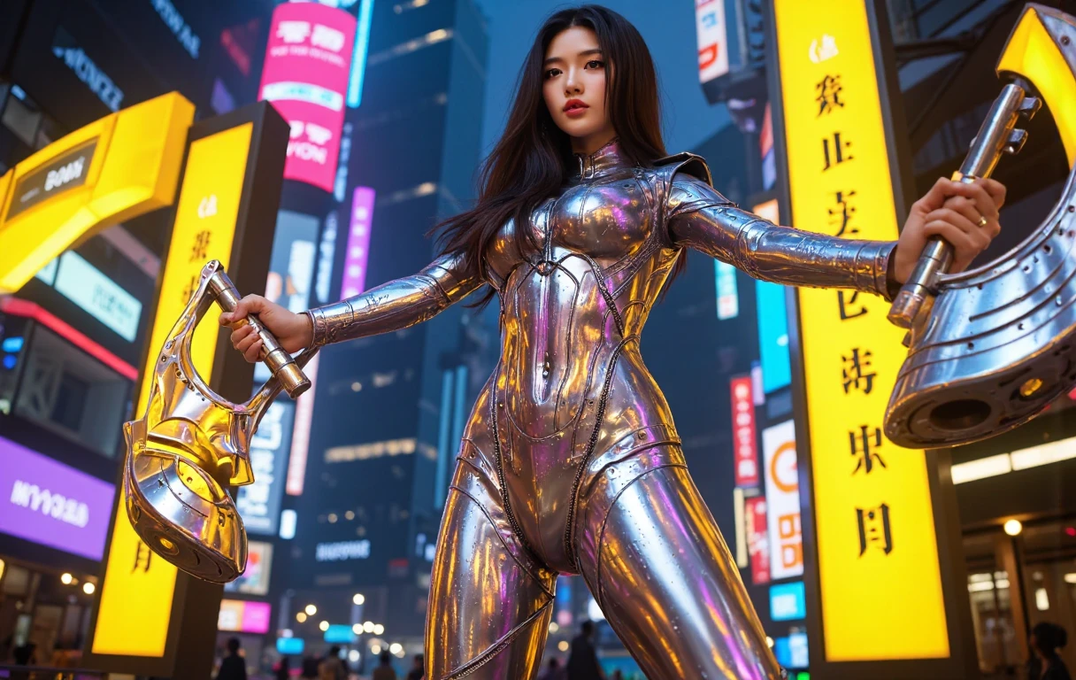 Japanese woman in a gold bodysuit posing in front of a city, cyberpunk 2 0 y. o model girl, in cyberpunk city, cyberpunk bodysuit, in cyberpunk style, cyberpunk Japanese gorgeous goddess, in a futuristic cyberpunk city, sunset in a cyberpunk city, in a futuristic city, cyberpunk beautiful girl, cyberpunk in a cyberpunk city, cyberpunk art ultrarealistic 8k