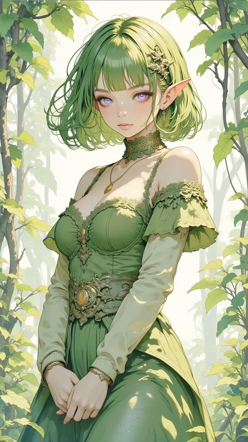 1 mature beautiful woman ,(masterpiece, best quality , Very Detailed Description , Incredible High Resolution,High quality anime drawings),(Elven Swordsman,Villainess),(breastplate,off-the-shoulder shiny green dress, Swaying Skirt ,Detailed Bangles ),( green hair, bob cut, Purple Eyes , half-closed eyes, sink, big breasts, cleavage in years, bewitching smile:1.5,Shiny purple lips:1.5, opening my mouth,Beautiful legs,High quality skin,Seductive gestures:1.5,),(Forest of Light , sunlight filtering through the trees,evergreen),( fantasy animated art , Great Use of Color , Best Color Expression , amazingly beautiful color expressions , Light and Gentle Watercolor , Beautiful Expression of Light , full body image , View from below ,)