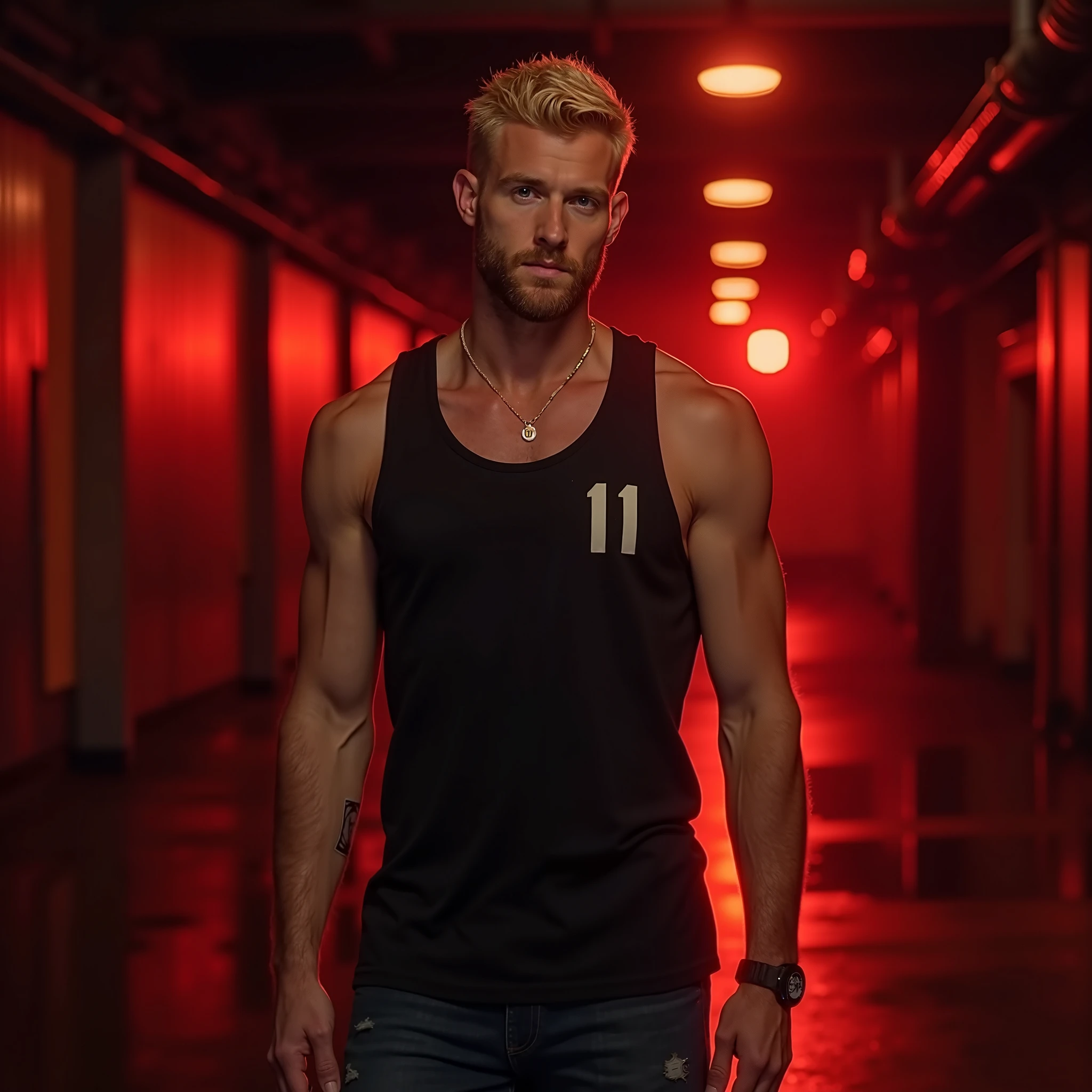 181 cm tall, 22-year-old shirtless male model, thin lean figure, short platinum blond hair messy layered hair, side swept bangs, Germanic-Icelandic features, black pants, intense look, standing in large chic dark walk-in closet lined with colorful clothes, photorealistic, cinematic