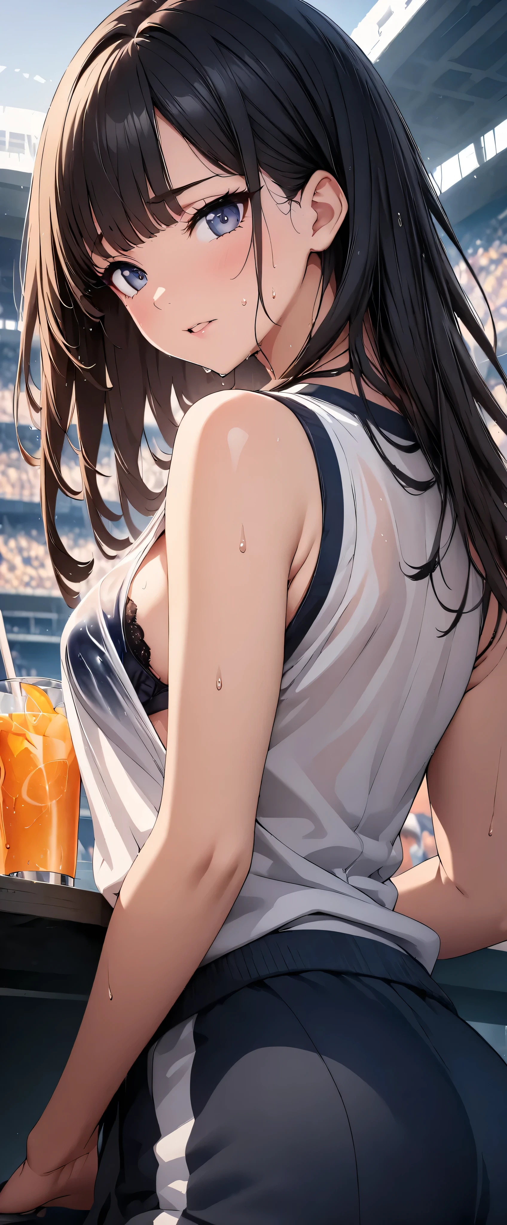 (((masterpiece)))、(( best quality ))、( super detailed )、(CG illustration)、(Very beautiful woman))、 cinematic light from back、((1 Female))、 、(Beautiful and luxurious:1.2)、( One Woman :1.3)Sports Stadium,,((Japanese white sleeveless gym clothes), wet from sweat, long hair,Drink a sports drink,,Rokka,( the clothes show through and you can see the bra)Gloss Lip