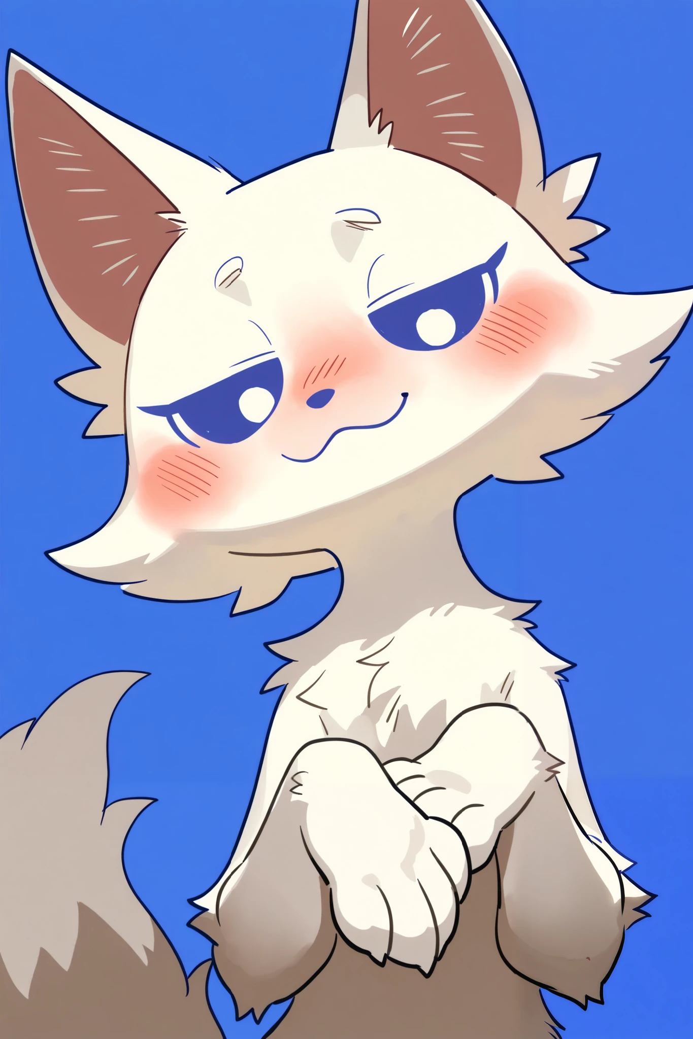 masterpiece, high-quality, _Discord , 1girl, One, looking at the viewer , style to blush, smile, blue eyes , simple background, animal ears , closed mouth, tail, upper body , hands up, fox ears, :3, fox tail, blue background, half-closed eyes, portrait, fluffy, directly, body fur, white fur, flat color , no ruler