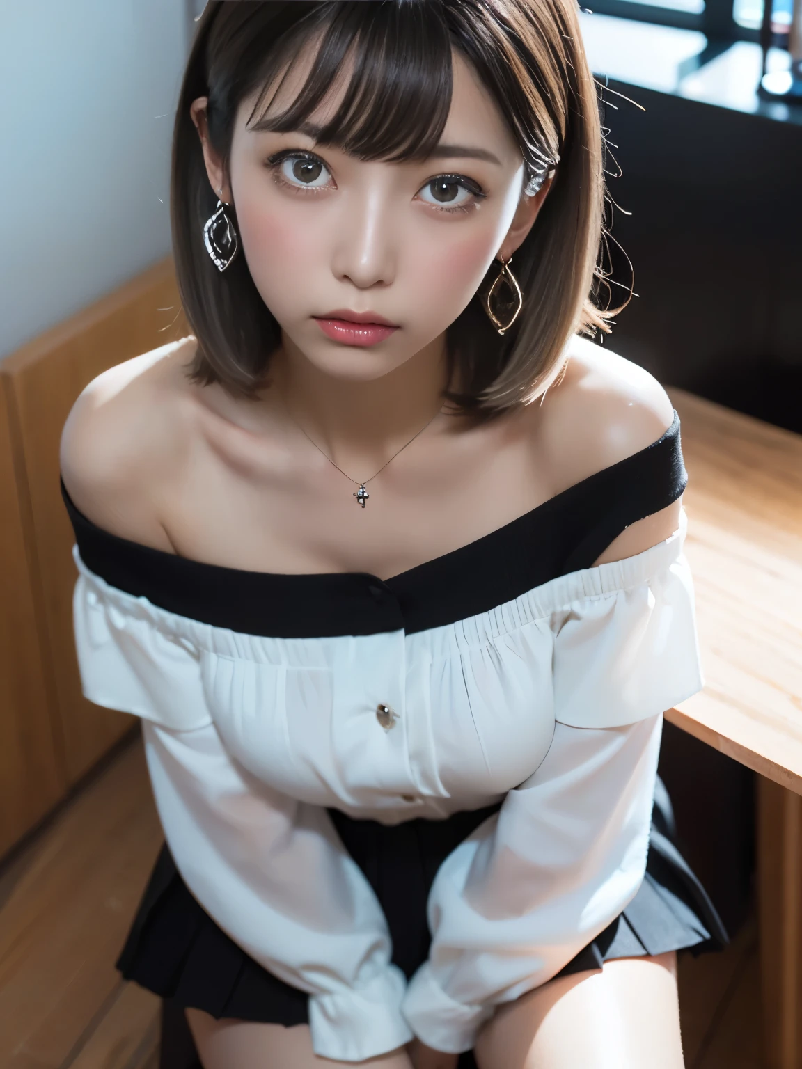 Masterpiece, 8k,  Award-winning pics, photo realistic,  realistic,  tall Highly detailed ,   super high definition , Ray Trakun, ///1 person,  most beautiful, 20 years old , ( sexy,  Japanese idol), ( gray hair:1.2),///  Human Details Shiny Skin  ,  detailed skin , Beautifully detailed face ,  beautiful details , beautiful 歯, ///  (double eyelids, Droopy eyes),  natural lips, (  brightly colored large breasts  :1.2),  sunburn, ///(((whole body, , cross your legs))), ( from above:1.3), Remember, /// office,  blurry background,  tall Highly detailed な背景, ///  earrings, necklace,( Off Shoulder Blouse :1.5), tight skirt, Well-Trained Body ,logic
///Finished ultra- realistic textures,  RAW photo,Shine, troubled expression,( sweaty body:1.3)
