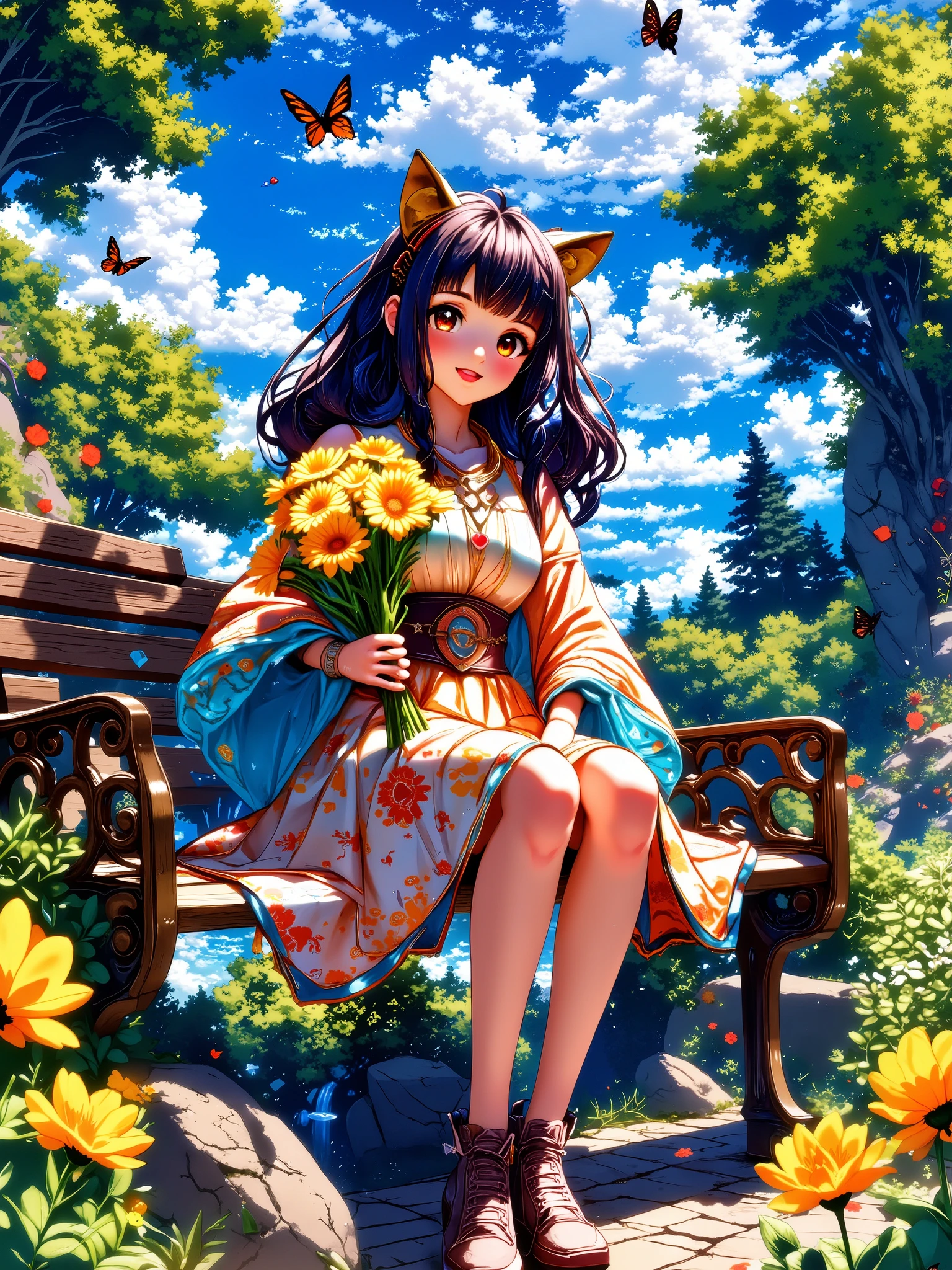 A anime style illustration girl holding a bouquet of yellow flowers and sitting on a bench in the garden 
