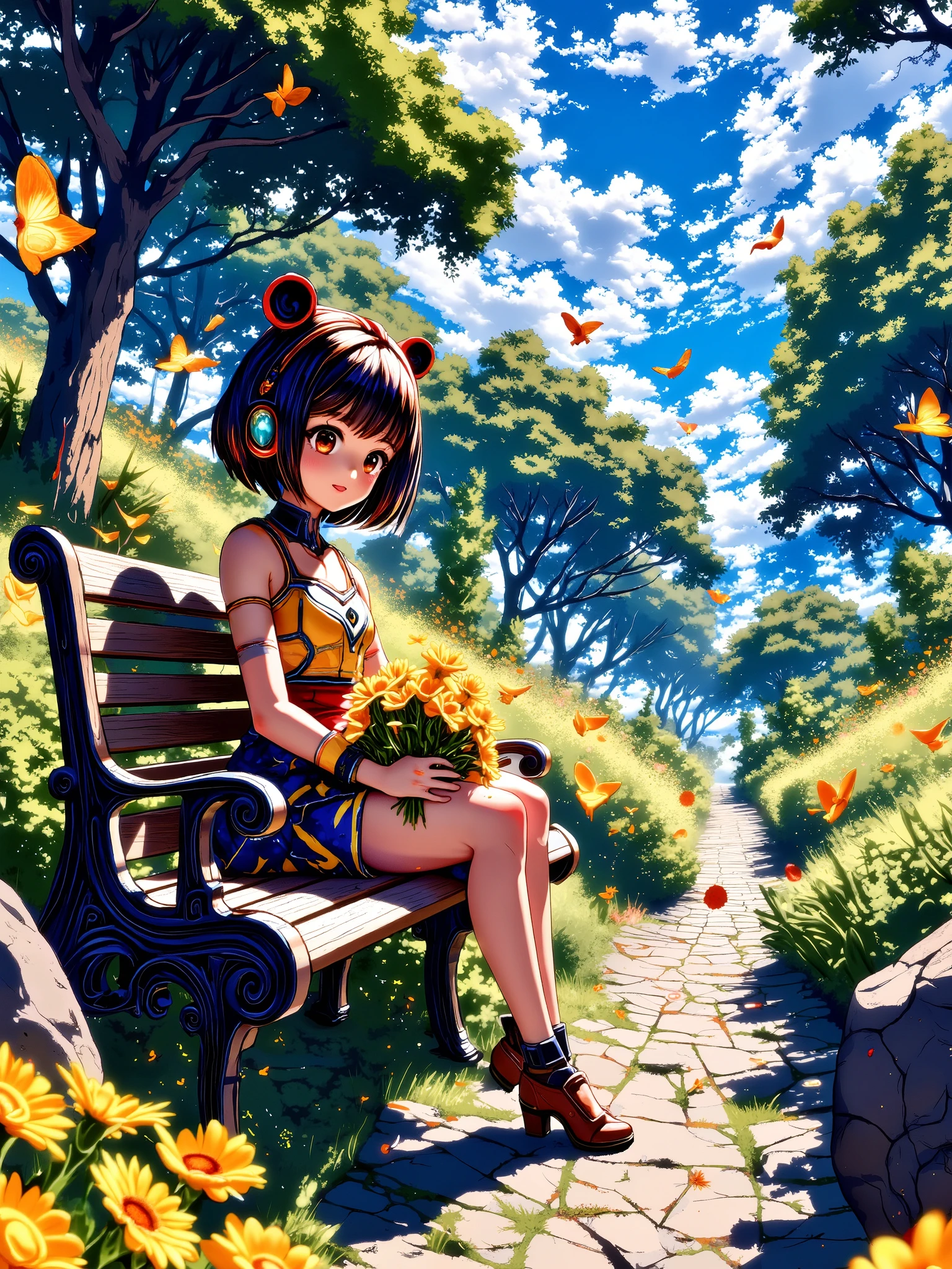 A anime style illustration girl holding a bouquet of yellow flowers and sitting on a bench in the garden 
