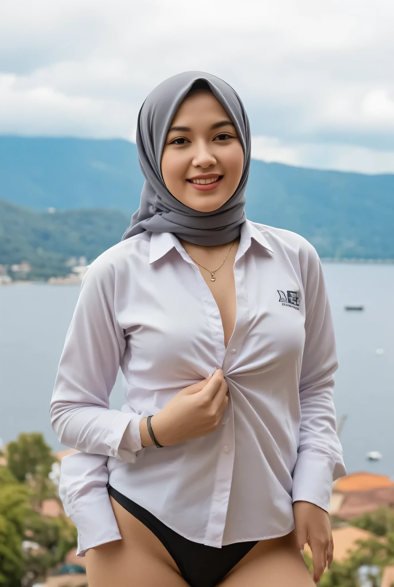 beautiful Indonesian woman wearing a hijab, wearing a gold necklace, women's watch, wearing a bra and push up panties, weight 60kg, hand details, wide waist, view of blue mountains, beach, water, 4K, HDR, high resolution.