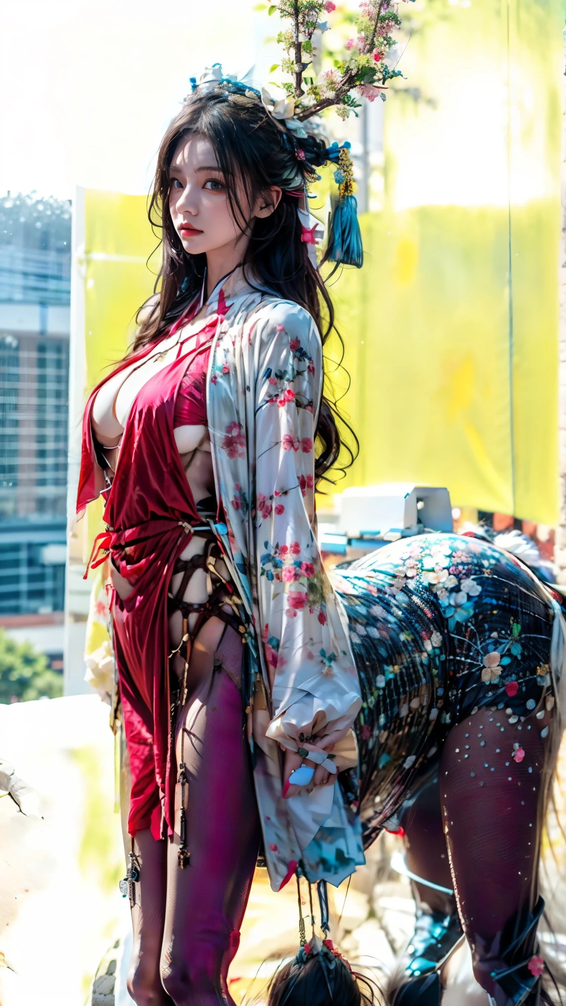 Boa Hancock (One Piece), Realism, Painting, (Best Quality, 4K, Masterpiece: 1.4), Beautiful Woman, Surreal, 1 Girl, ((Looking Back at the Sunset)), (Sagging Breasts, Attractive Body: 1.6), Sit-ups: 1.1, Long Black Hair: 1.8, (Wet Rain, Rain Wet: 1.7), Ultra-detailed face, detailed lips, detailed eyes, double eyelids, sexy low-necked dress, open neckline, hanging breasts, side pose, visible curves, pool party, poolside, red transparent robe, muscle-turning legs