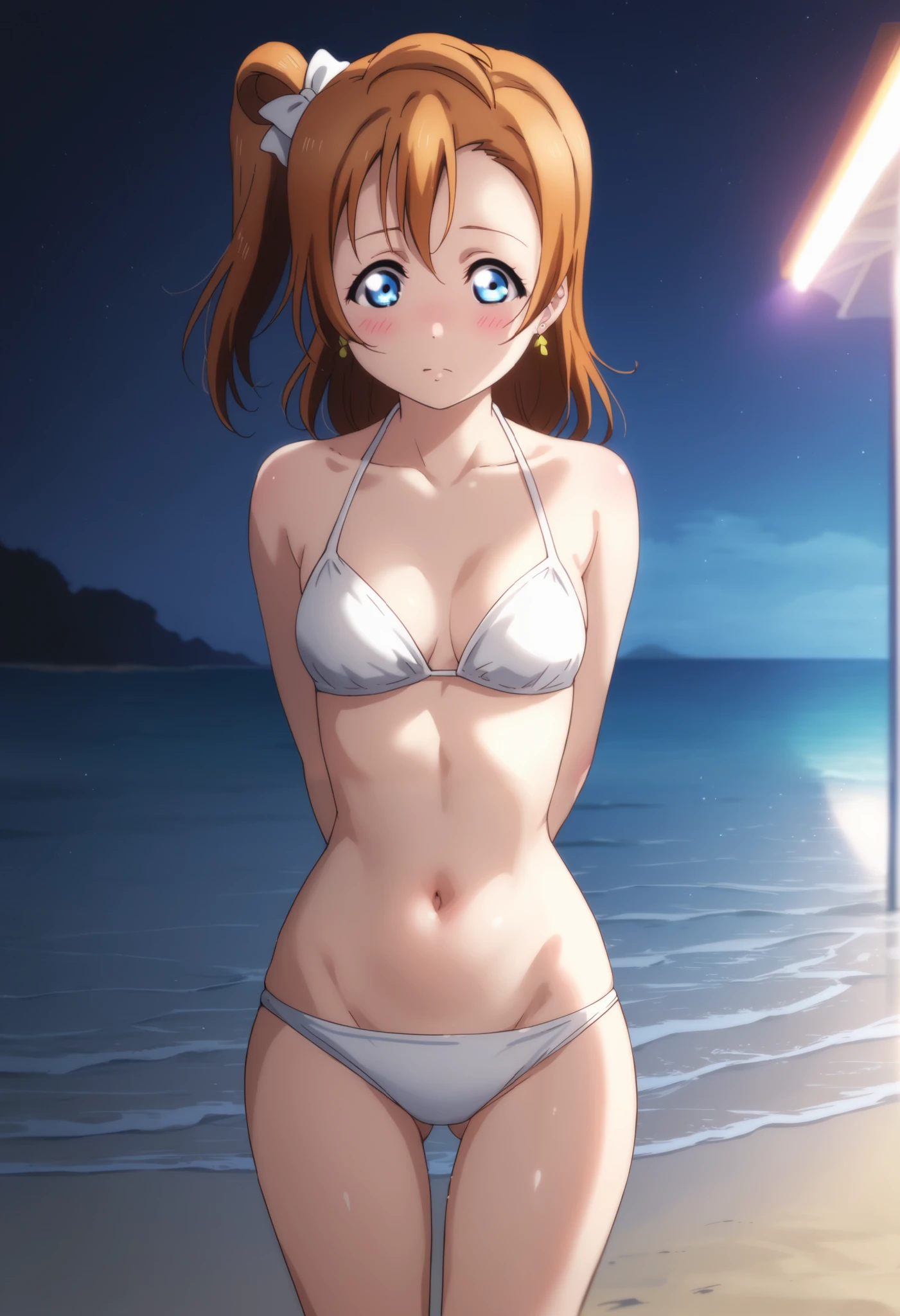 anime style, love live,kousaka honoka , love live, blue eyes, orange hair,earrings, (blushing:1.2) , standing, white bikini , cowboy shot , ass visible through thighs,beach, night, dynamic lighting, detailed shading,moist skin,shiny skin,crotch visible, solo,1girl, arms behind back, dynamic angel of view, leaning back