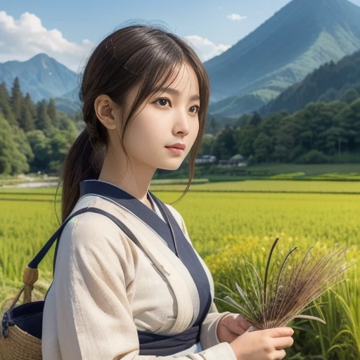 A detailed illustration of an ordinary woman from Jomon period Japan working in the fields. She is wearing traditional attire, holding rice field tools in her hands, and working seriously in the middle of nature. There are gentle mountains in the background and blue skies. The land is covered in lush greenery and dotted with wildflowers. The sunlight is pleasant, and a warm light shines on the woman's face. The art style is impressionistic with soft colors and fine textures, ((masterpiece)), ((best quality)), (ultra-detailed), ((beautiful eyes)), Japanese female, (slender:1.3), ((30 years old)), beautiful,