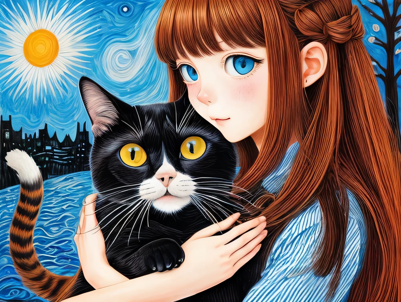 girl holding a cat 、 beautiful eyes、 rubs her cheek on her cat 、Deep love、trust、The ultimate masterpiece , best quality , Surrealism ,Abstract,DOODLE ART, Accurate Description 、chaos、