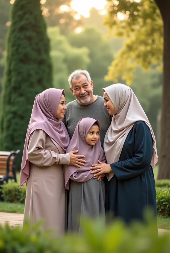 (photorealism:1.2), a happy family with father, daughter in center with hijab and graduation cap and mother