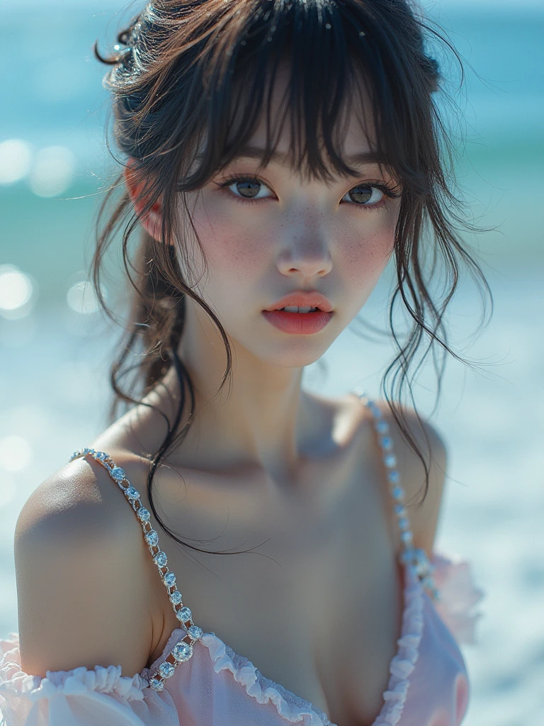 (((One girl,alone))),(Highly realistic photos, High resolution, Detailed face, Beautiful Eyes) Japanese women, 30 years old, Cute Face, Nice body, Medium chest, ,Hairstyle, Healthy Body,Thighs、turn over、Depth of written boundary,Narrow eyes,Light Smile、Wind、It's raining a little、Body like a model、Waterfront、Light Smile、Dark Sky、Sit down and spread your legs,(ビキニスタイルのBeachバレーユニフォーム:1.5),Beach