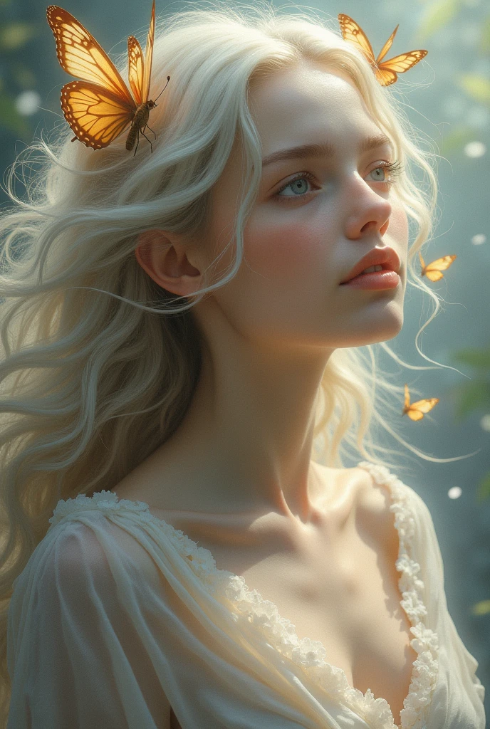 a painting of a woman with butterflies and a bird in her hair, karol bak uhd, karol bak and peter mohrbacher, style of karol bak, beautiful fantasy art portrait, artgerm julie bell beeple, detailed fantasy art, goddess. extremely high detail, fantasy art portrait, portrait of a beautiful goddess, fantasy portrait art