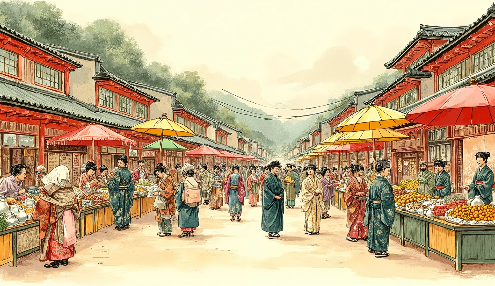 A vibrant line art illustration of a bustling traditional Japanese market, where vendors and customers are engaged in trading. The scene features colorful parasols shading market stalls, with intricate patterns and soft, natural hues like pastel reds, greens, and yellows. Vendors display goods such as fruits, fabrics, and pottery, while customers in traditional Japanese clothing negotiate and interact. The background remains minimalistic to emphasize the detailed interactions and the lively atmosphere of the market. The style combines traditional Japanese ink drawing techniques with delicate, muted colors, creating a timeless and culturally rich scene