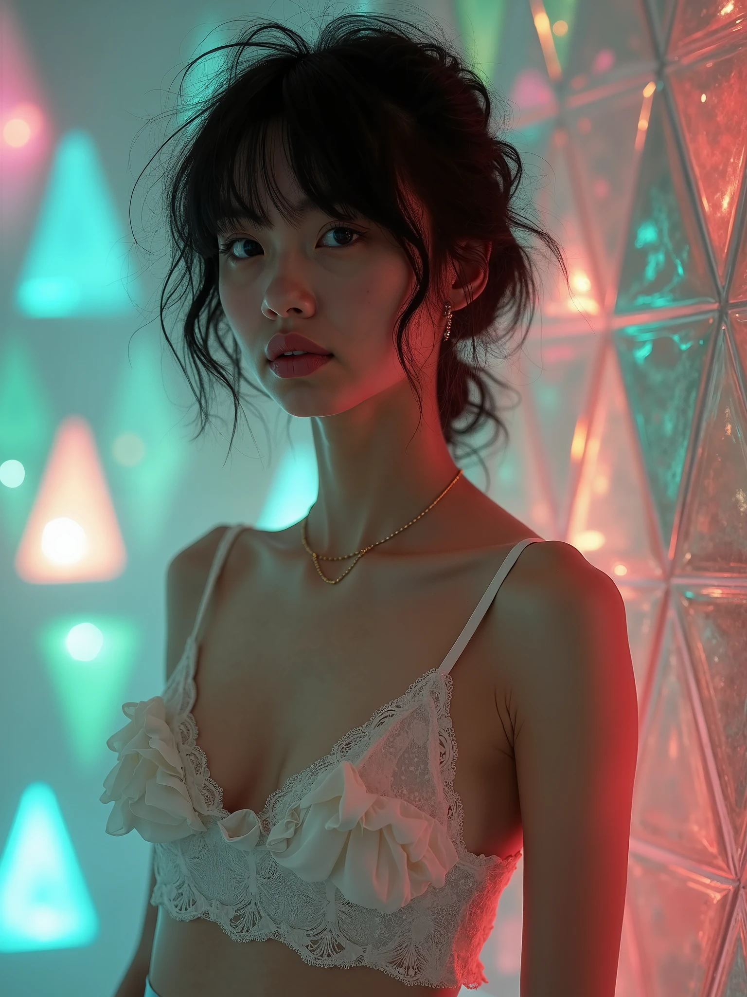 A Korean model with medium hair and bangs in a Y2k style concept photo