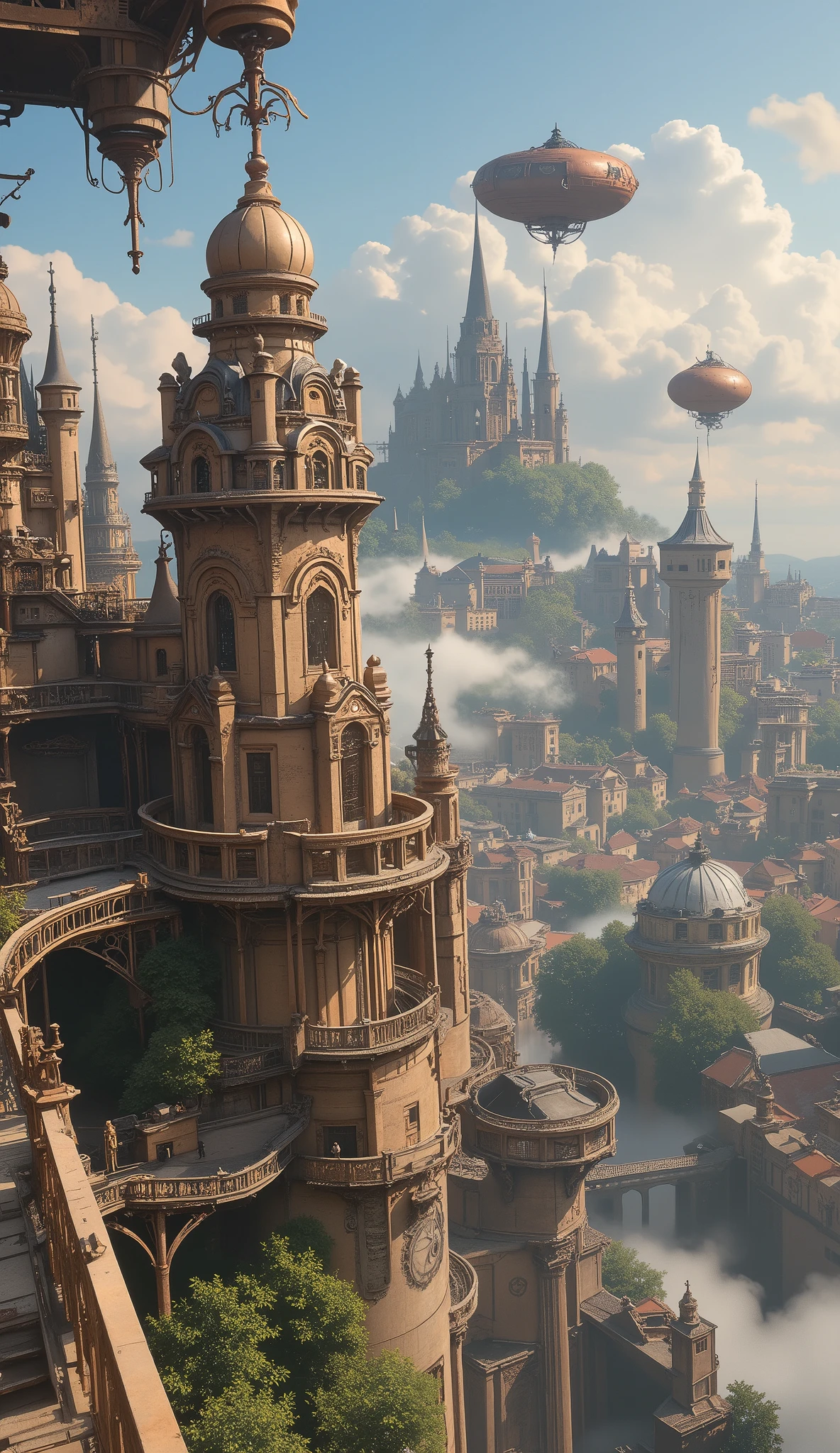 more details,  high details,  High Quality , 8k,  Miyazaki style,  A steampunk-inspired city in the sky, Clouds and Diverse Buildings , Mysterious and technology--v 6 
