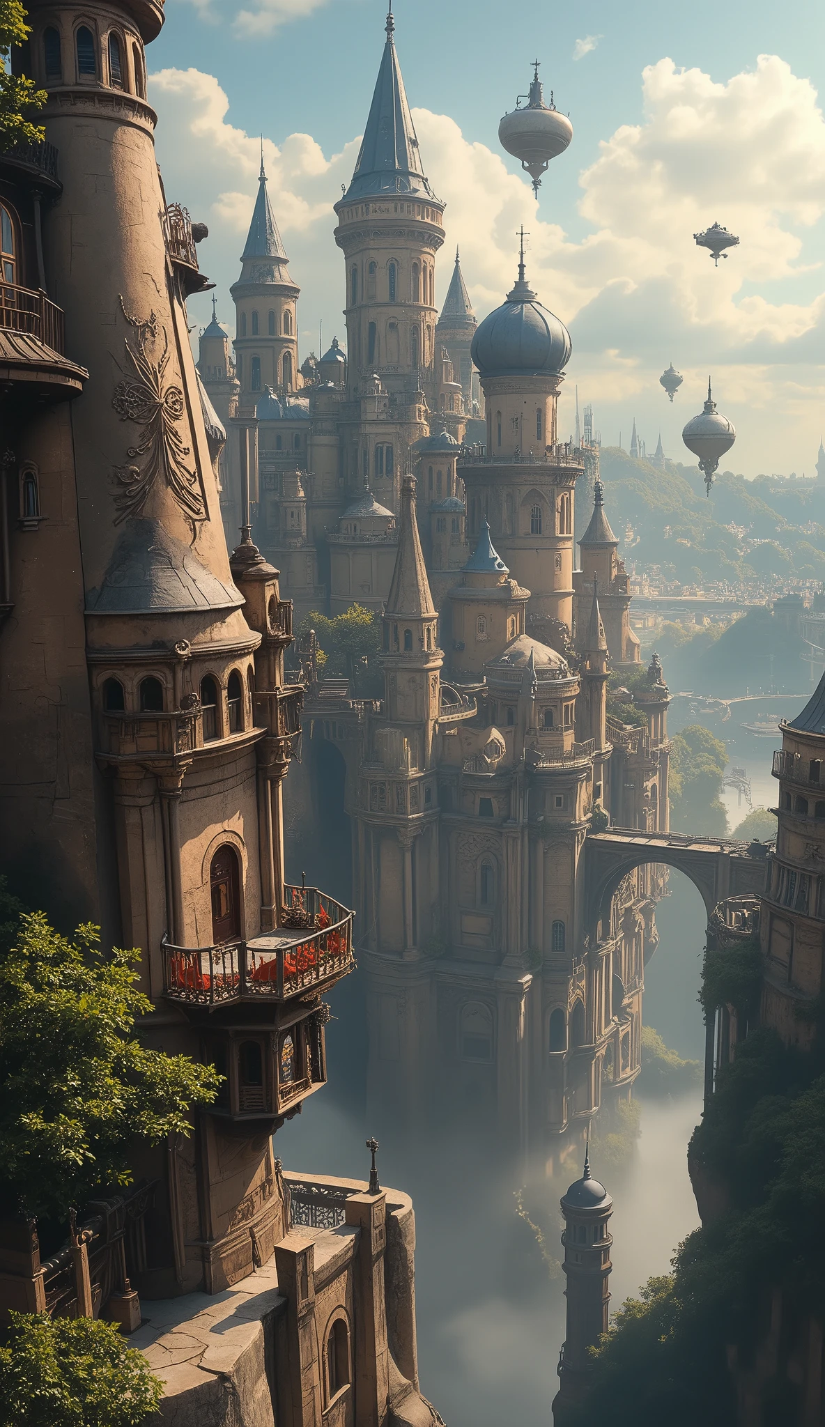  more details,  high details,  High Quality , 8k,  Miyazaki style,  A steampunk-inspired city in the sky, Clouds and Diverse Buildings , Mysterious and technology--v 6 