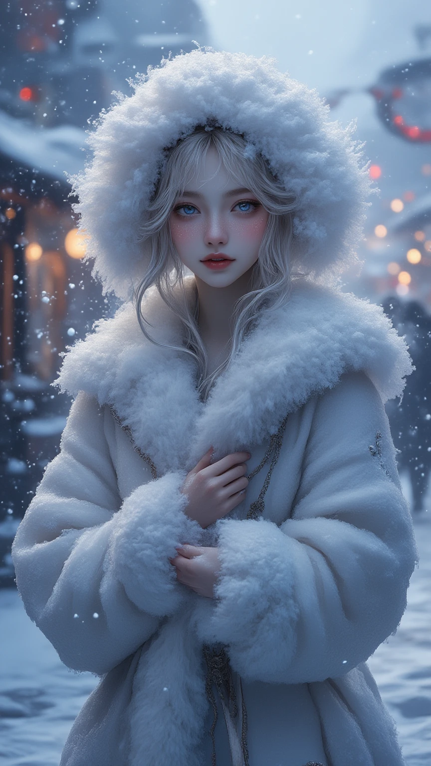 Beautiful girl in winter coat of white fluffy hair, (nq), eyes beautiful, looking back at us, she smiles, snow dances around her, (mengli), background crowded with winter festivities, (structurally correct body and hands), masterpiece, high quality, high image quality, 16k