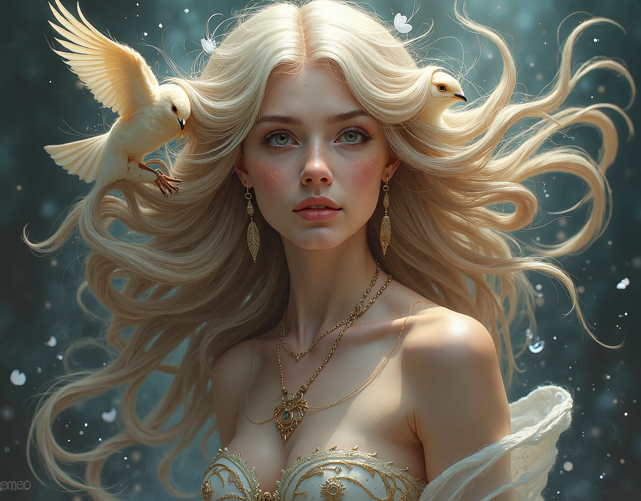 a painting of a woman with butterflies and a bird in her hair, karol bak uhd, karol bak and peter mohrbacher, style of karol bak, beautiful fantasy art portrait, artgerm julie bell beeple, detailed fantasy art, goddess. extremely high detail, fantasy art portrait, portrait of a beautiful goddess, fantasy portrait art