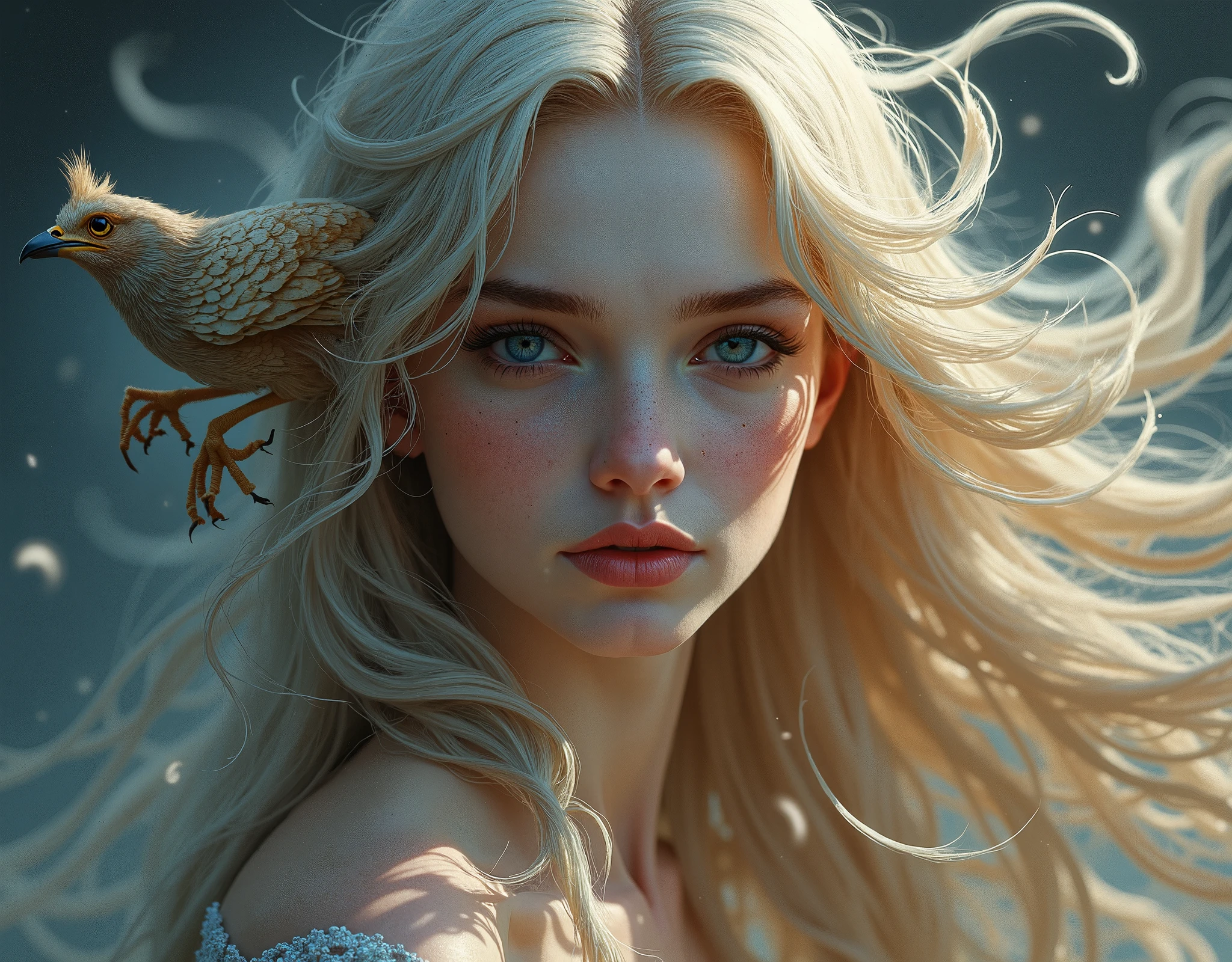 a painting of a woman with butterflies and a bird in her hair, karol bak uhd, karol bak and peter mohrbacher, style of karol bak, beautiful fantasy art portrait, artgerm julie bell beeple, detailed fantasy art, goddess. extremely high detail, fantasy art portrait, portrait of a beautiful goddess, fantasy portrait art