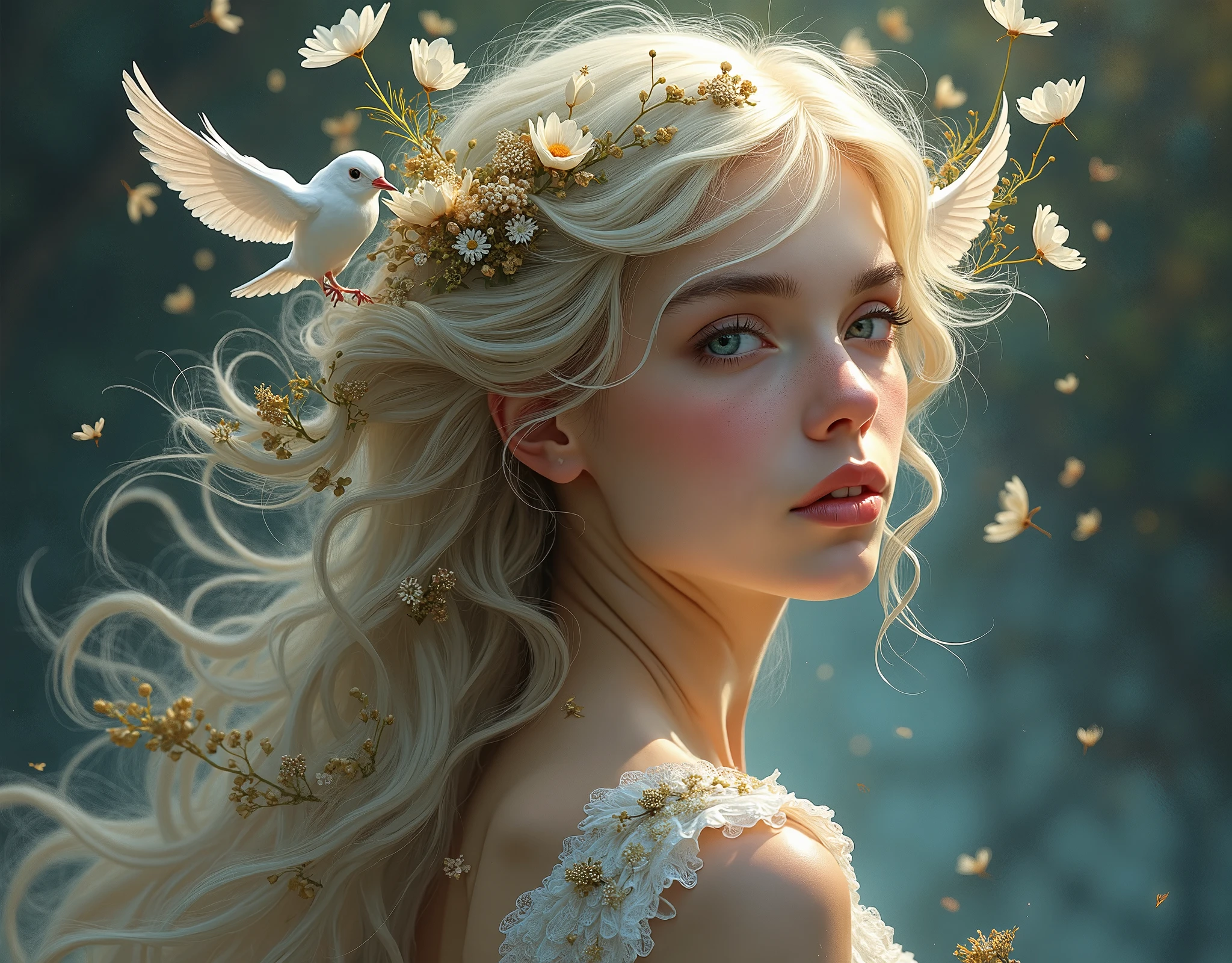 a painting of a woman with butterflies and a bird in her hair, karol bak uhd, karol bak and peter mohrbacher, style of karol bak, beautiful fantasy art portrait, artgerm julie bell beeple, detailed fantasy art, goddess. extremely high detail, fantasy art portrait, portrait of a beautiful goddess, fantasy portrait art