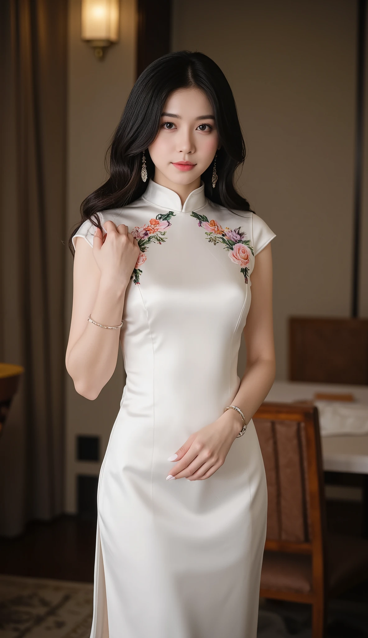 (masterpiece, Highest quality:1.2), One Girl, alone, whole body, Big Breasts,, Brown Hair,Big Breasts, Brown eyes, Mature Woman, whole body, Brown Hair, lipstick, ((A flowing white mini dress adorned with intricate silver embroidery_Long sleeve_Thin:1.3))(masterpiece, Highest quality:1.2), One Girl, alone, whole body, Big Breasts, Brown Hair,Big Breasts, Brown eyes, Mature Woman, whole body, Brown Hair, lipstick, , zettai ryouiki, Exposing your thighs, White skin, Super long brown hair,Hair with loose waves inside,reaching down to the waist,((A shy smile:1.3)),((At Starbucks Coffee、Sitting on a chair))、From an oblique angle above、Selfie,standing gracefully