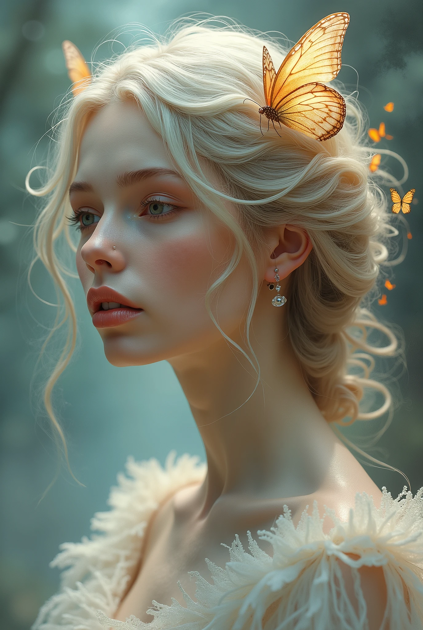 a painting of a woman with butterflies and a bird in her hair, karol bak uhd, karol bak and peter mohrbacher, style of karol bak, beautiful fantasy art portrait, artgerm julie bell beeple, detailed fantasy art, goddess. extremely high detail, fantasy art portrait, portrait of a beautiful goddess, fantasy portrait art