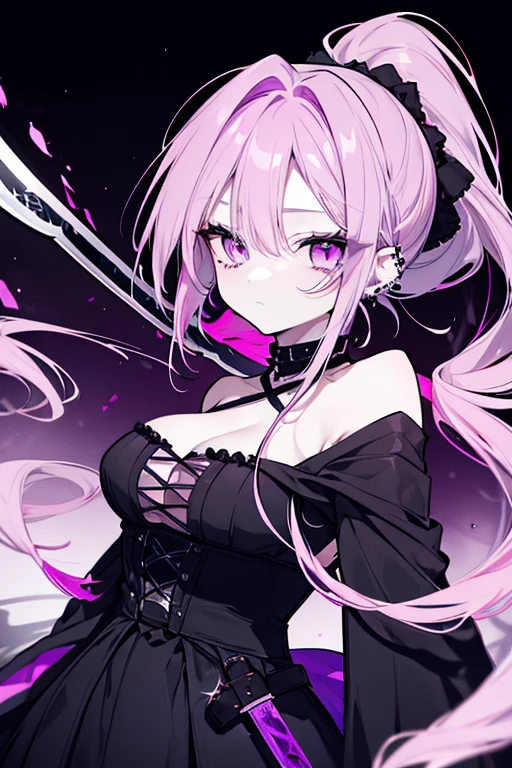 A pink haired reaper with violet eyes and an hourglass figure in a black flowing gown is smiling while spinning her scythe in the creepy forest