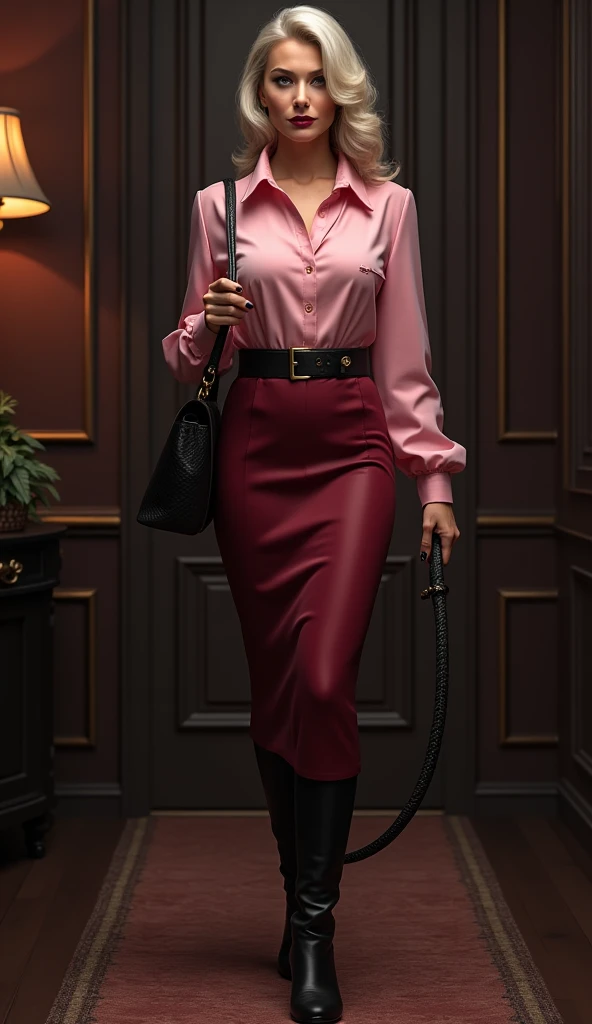 a gorgeous woman, wearing a dark pink long-sleeve blouse and tight black trousers, black ponytail hair, wearing glasses, standing in a garden, holding a handbag, portrait view, intricate details, realistic, photorealistic, hyper detailed, 8k, masterpiece, dramatic lighting, cinematic, moody atmosphere, warm color palette, mystical, magical realism