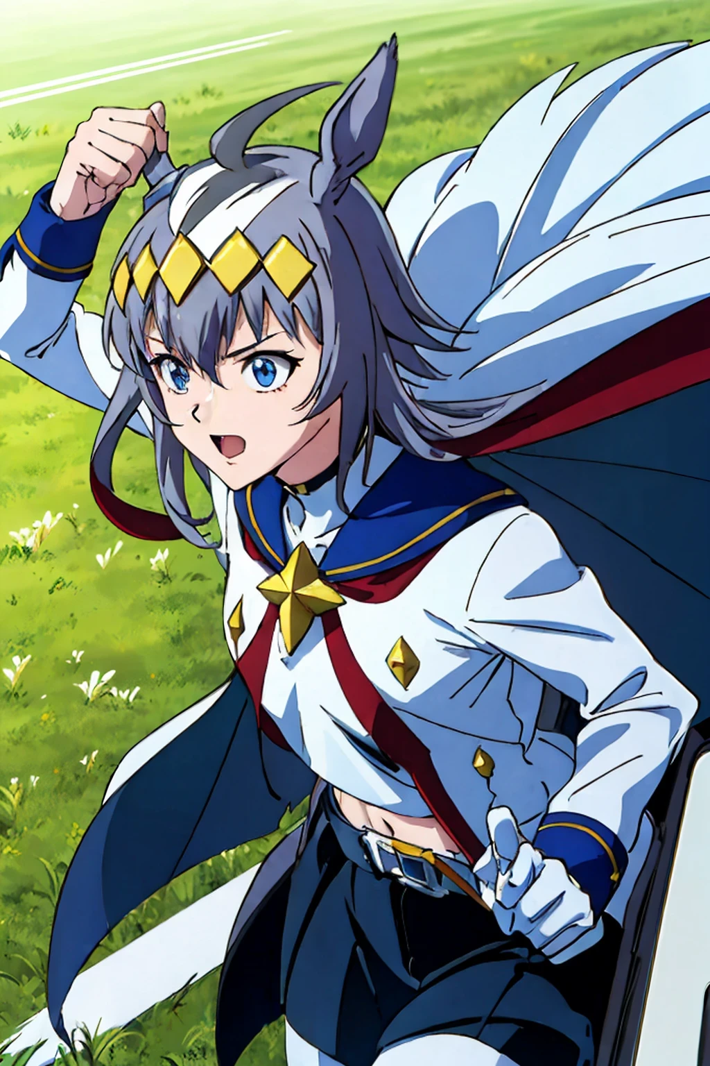 masterpiece,highest quality,Super detailed,8k,High resolution,an extremely delicate and beautiful,Official Art,Perfect ,1990s \(style\),90s anime,90s anime style,retro artstyle,Cel-shaded anime,anime screencap,anime coloring,Woman made of paint,Full Paint,ray tracing reflection,perfect face,beautiful,sexy,athletic body,shiny skin,1girl,(scale to fit the dimensions:1.2),(anmnr:1.7), ((oguri cap \(umamusume\):1.52)),blue skirt,Long Sleeve,belt,pleated skirt,black pantyhose,red neckerchief,midriff,belly button,white shirt,jacket,blue sailor collar,
(( superhero,Leave a trace of movement, MotionTrail, Speed Effect, Drive through the grassland, Speed trace, Super speed power:1.37)),