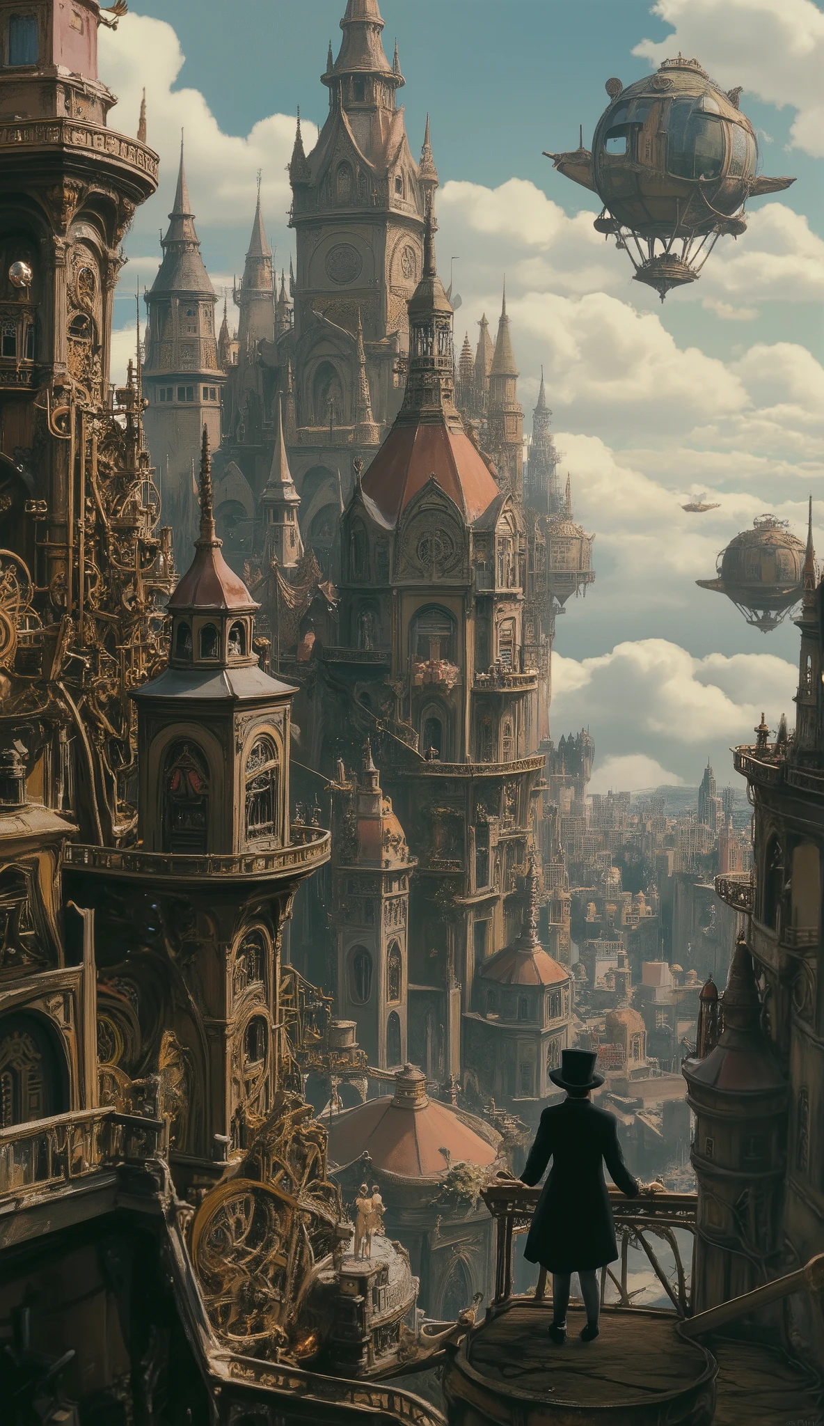  more details,  high details,  High Quality , 8k,  Miyazaki style,  A steampunk-inspired city in the sky, Clouds and Diverse Buildings , Mysterious and technology--v 6 