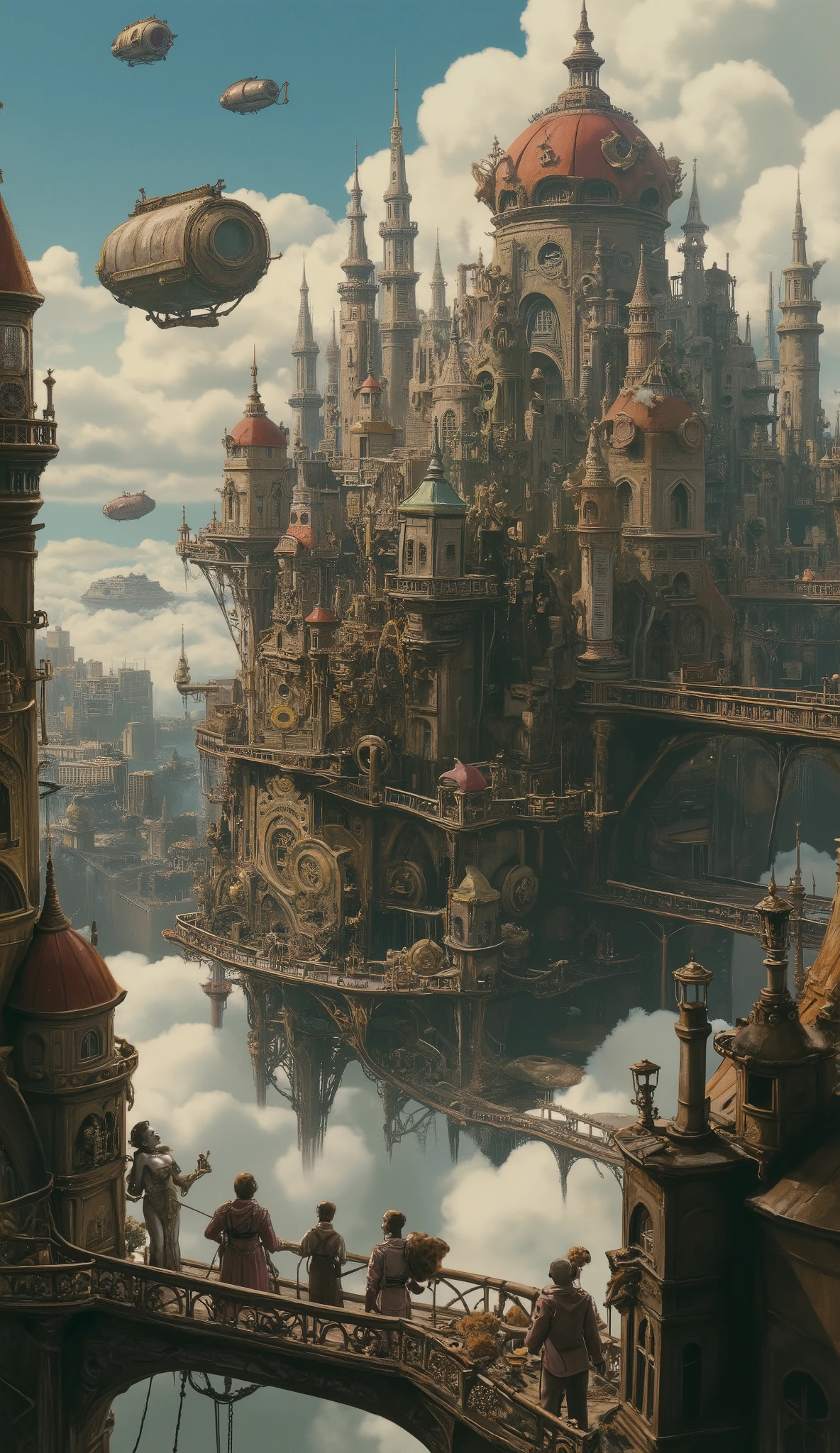  more details,  high details,  High Quality , 8k,  Miyazaki style,  A steampunk-inspired city in the sky, Clouds and Diverse Buildings , Mysterious and technology--v 6 