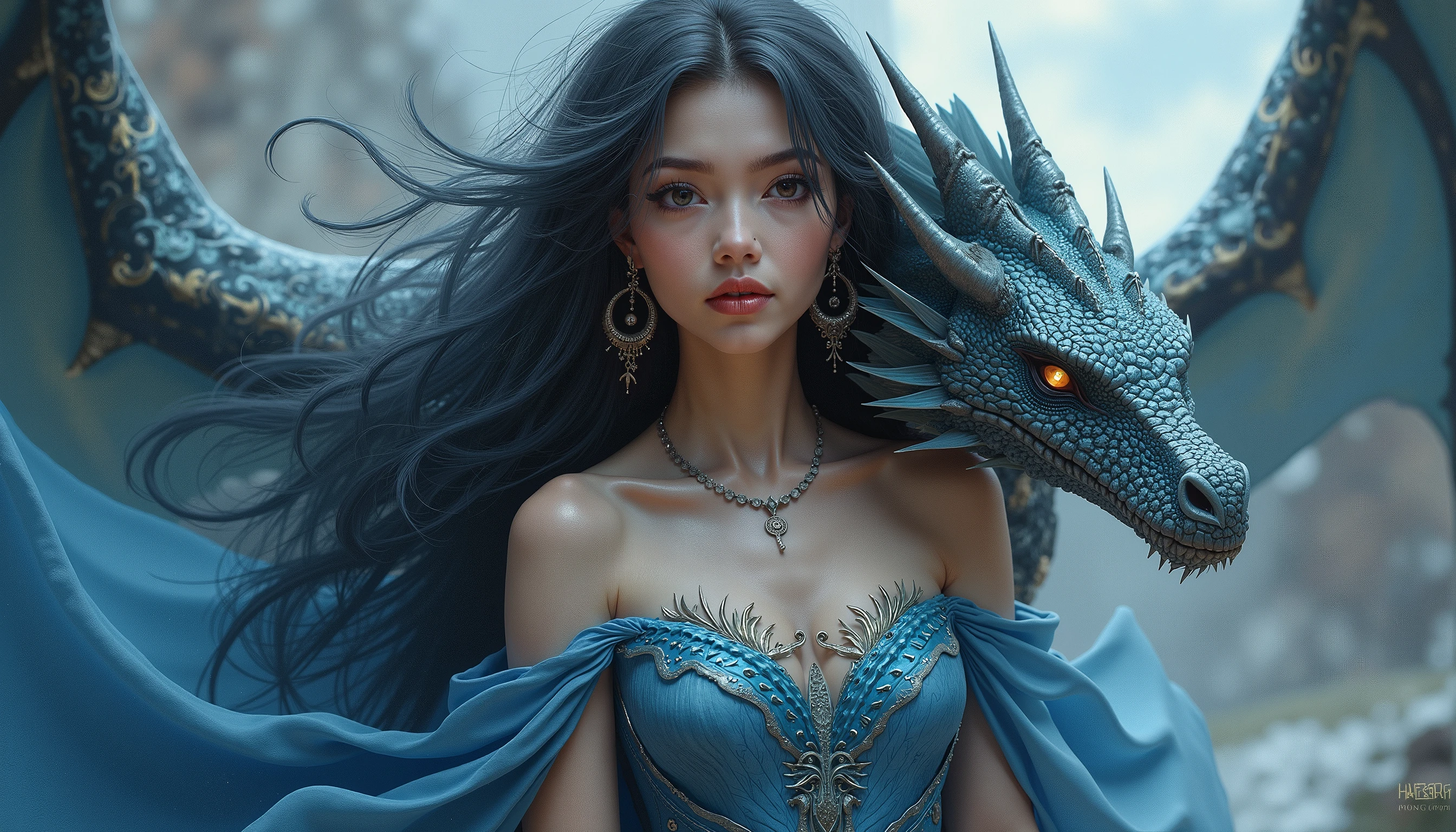 Fantasy, artistic photo of a young girl with silver hair and a headpiece, standing close to a dragon-like creature with detailed, textured scales, close-up portrait focusing on the faces of both the girl and the dragon, background is blurred to emphasize the subjects, taken under soft, natural lighting that enhances the skin texture and the dragon's scales, shot at eye-level with a high-quality digital camera, possibly a Canon EOS 5D Mark IV with a 50mm f/1.2 lens, in the style of Benjamin Von Wong