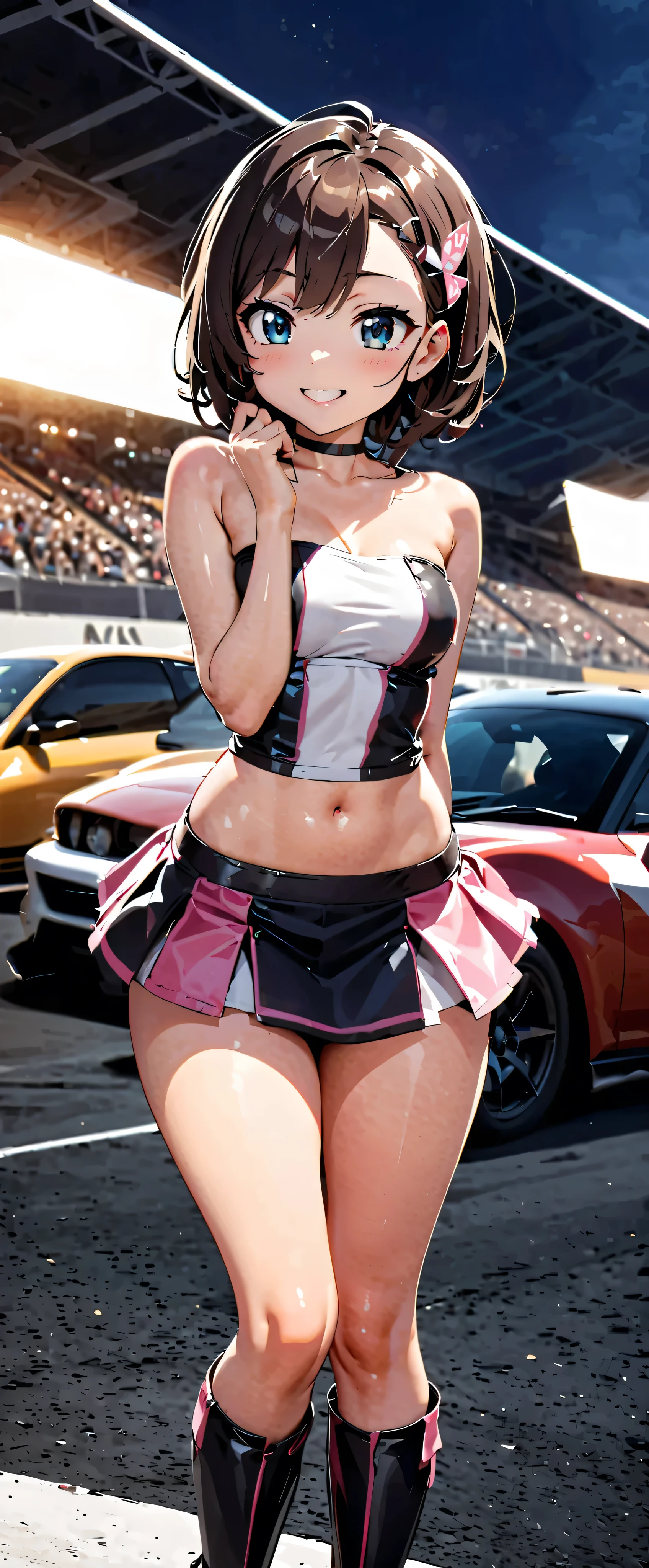  best quality , Ultra high resolution,  One person,   small breasts ,  black choker , smile,  exposes shoulders,  focus only ,  Audience ,Fair skin,Car racing track, photon mapping,  physically-based rendering ,  RAW photos ,  very detailed background , K-pop Idol , is written in depth, hair ornament, detailed face, glowing skin, game cg,whole body, shiny micro mini skirt,shiny micro tube top, Shiny Long Boots , race queen,Medium breast, Sexy Poses, sports car,Gloss Lip,