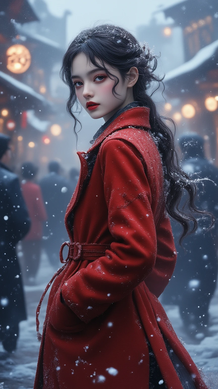 (nq), beautiful girl in red winter coat, beautiful eyes, red lips, smiling, hands in pockets, looking back at me, snow dancing around her, (mengli), background busy with winter festivities, (structurally correct body and hands), masterpiece, high quality, high image quality, 16k
