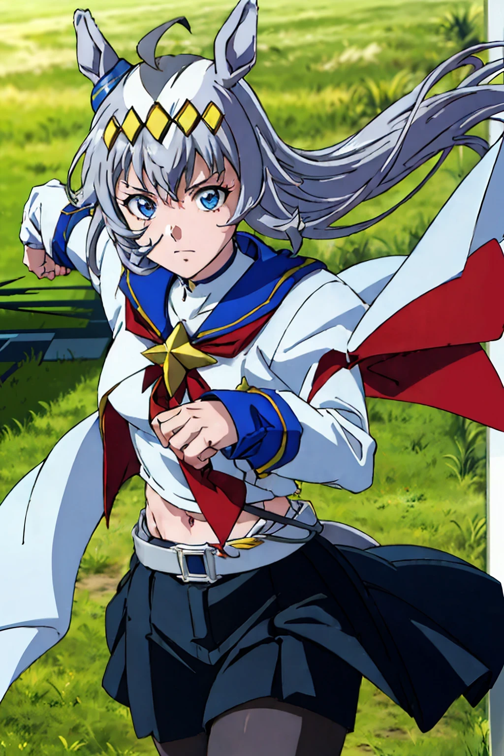 masterpiece,highest quality,Super detailed,8k,High resolution,an extremely delicate and beautiful,Official Art,Perfect Anatomy,1990s \(style\),90s anime,90s anime style,retro artstyle,Cel-shaded anime,anime screencap,anime coloring,Woman made of paint,Full Paint,ray tracing reflection,perfect face,beautiful,sexy,athletic body,shiny skin,1girl,(scale to fit the dimensions:1.2),(anmnr:1.7), ((oguri cap \(umamusume\):1.52)),blue skirt,Long Sleeve,belt,pleated skirt,black pantyhose,red neckerchief,midriff,belly button,white shirt,jacket,blue sailor collar,
(( superhero,Leave a trace of movement, MotionTrail, Speed Effect, Drive through the grassland, Speed trace, Super speed power:1.37)),