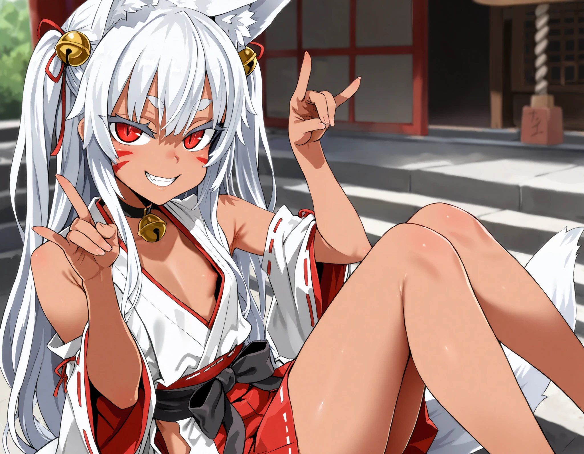 (best quality, highest quality:1.2), masterpiece, Ultra-high resolution, rich contrasts, HD, 8k, fine skin, no makeup, ideal ratio body proportions,
1girl, anime girls, asanagi style, mesugaki, dark skin, tan, red eye, slit pupils, ((white fox ear, white fox tails)), Wicked Smile, evil grin, fang,
very long two side up, white Hair, thick eyebrows, red highlights hair, Hair ribbon bell, bell choker, bimbo, ((dim body)), flat_chest, (facial mark), (Corona Hand Gesture),
nontraditional miko, bare shoulders, miko, red obi sash, red short skirt, skirt cutout, shirt in, downblouse,
looking at viewer, lewd, cute, big eyes, ero, ecchi, Sitting with Knees Up,
Score_9,Score_8,score_7_up,source_anime, rating_questionable, shrine,