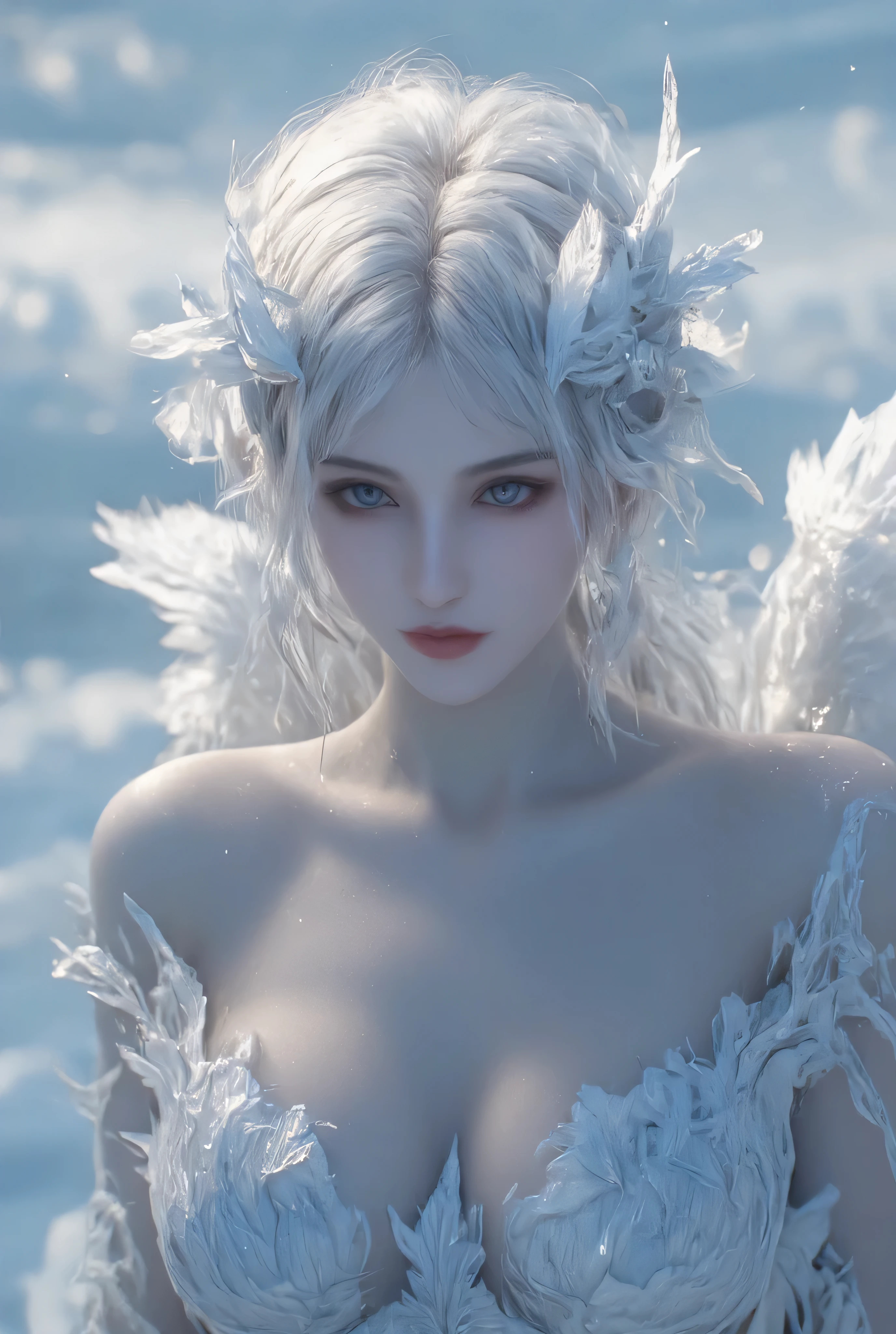 Siren, a beautiful bird-like woman from Greek mythology, with white skin, her whole body covered in feathers, flying in the sky