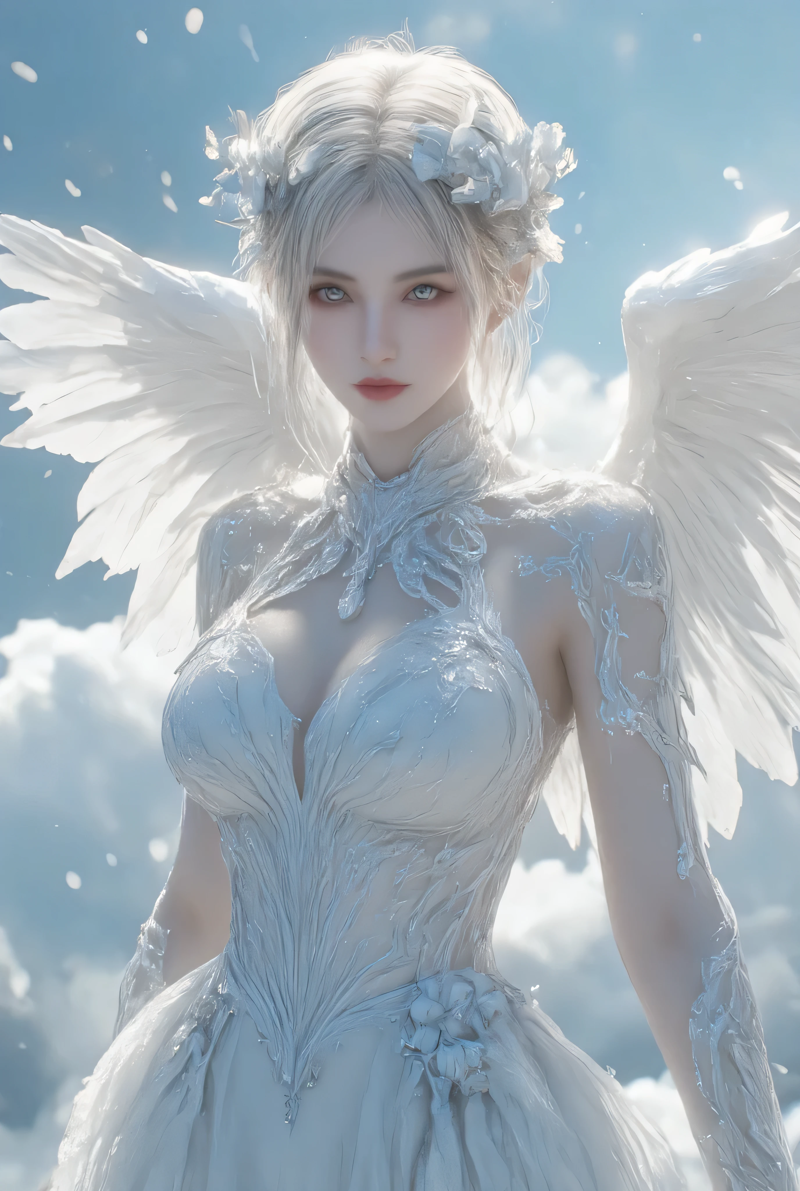 Siren, a beautiful bird-like woman from Greek mythology, with white skin, her whole body covered in feathers, flying in the sky