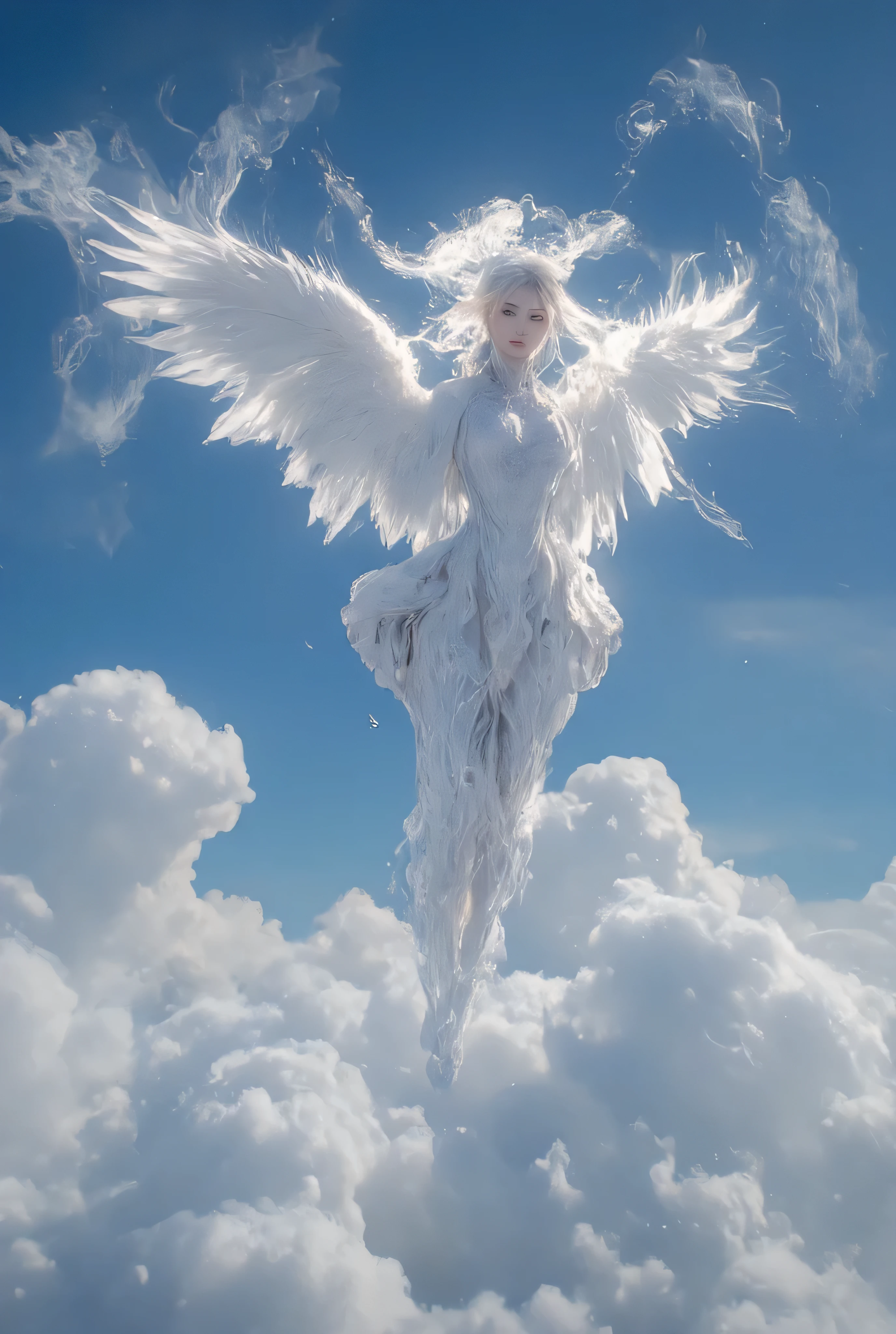 Siren, a beautiful bird-like woman from Greek mythology, with white skin, her whole body covered in feathers, flying in the sky