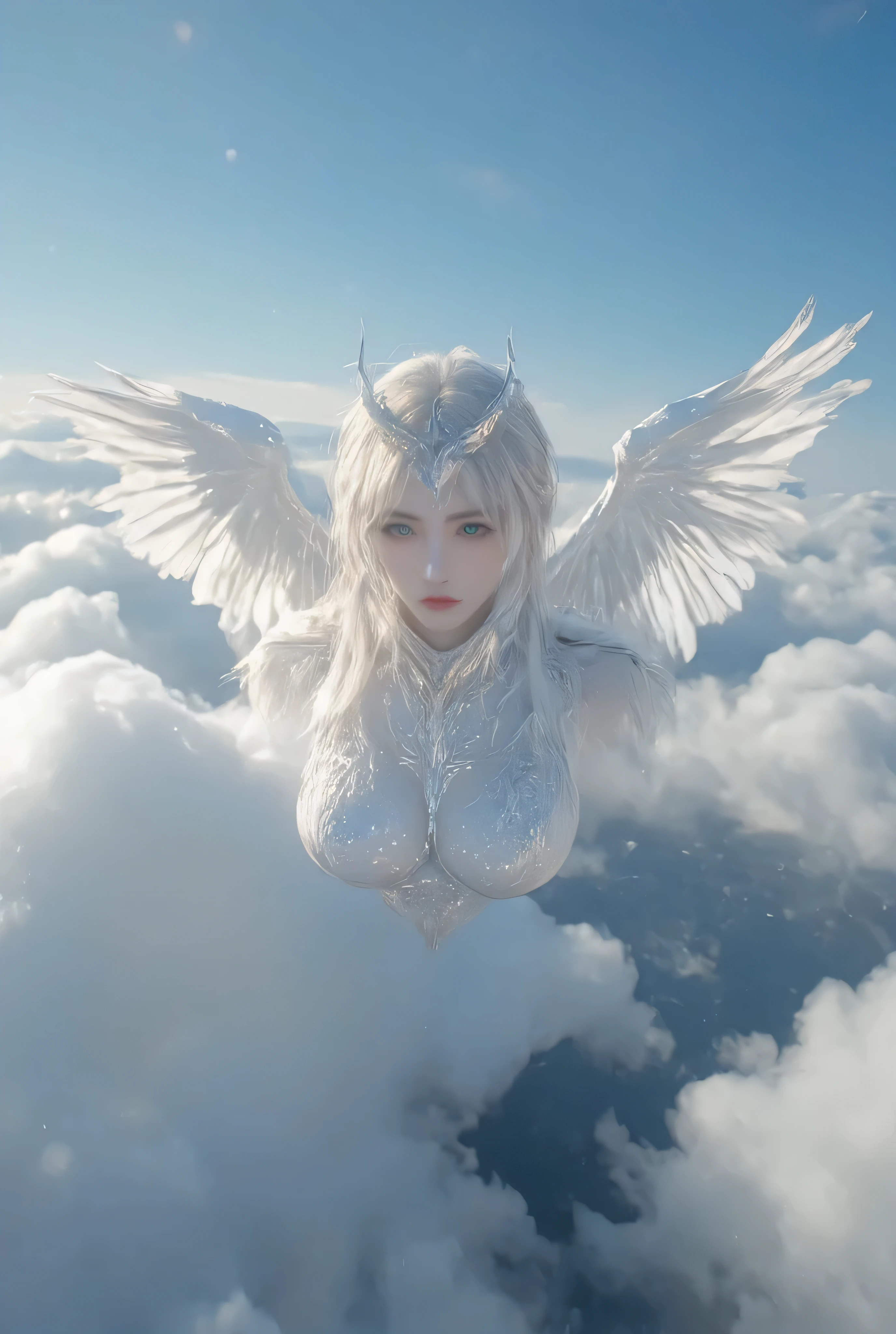 Siren, a beautiful bird-like woman from Greek mythology, with white skin, her whole body covered in feathers, flying in the sky