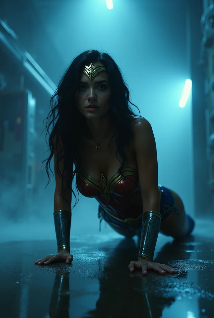 Wonder Woman sit chained and trapped inside a small glass storage, restraint, hopeless, (wet body:1.2), ropes all over body