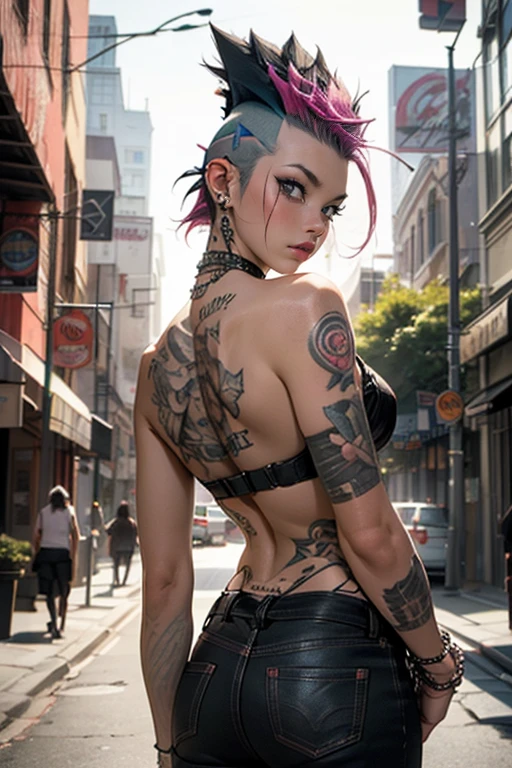 Young punk woman with red mow hawk and piercings and tattoos, Punk, Evocative, Dynamic, Distorted, Chaos, Raw, Desolation, Grit, Urban, Angst, Brian M. Viveros, Watercolor, intricate details, highly detailed